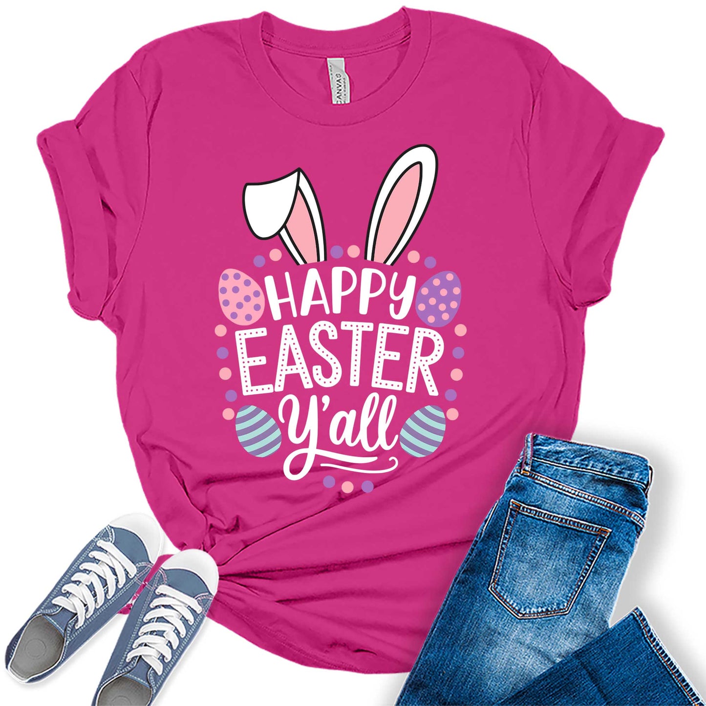 Women's Happy Easter Y'all Cute Bunny Trendy Casual Graphic Tees Bella Plus Sized Tops
