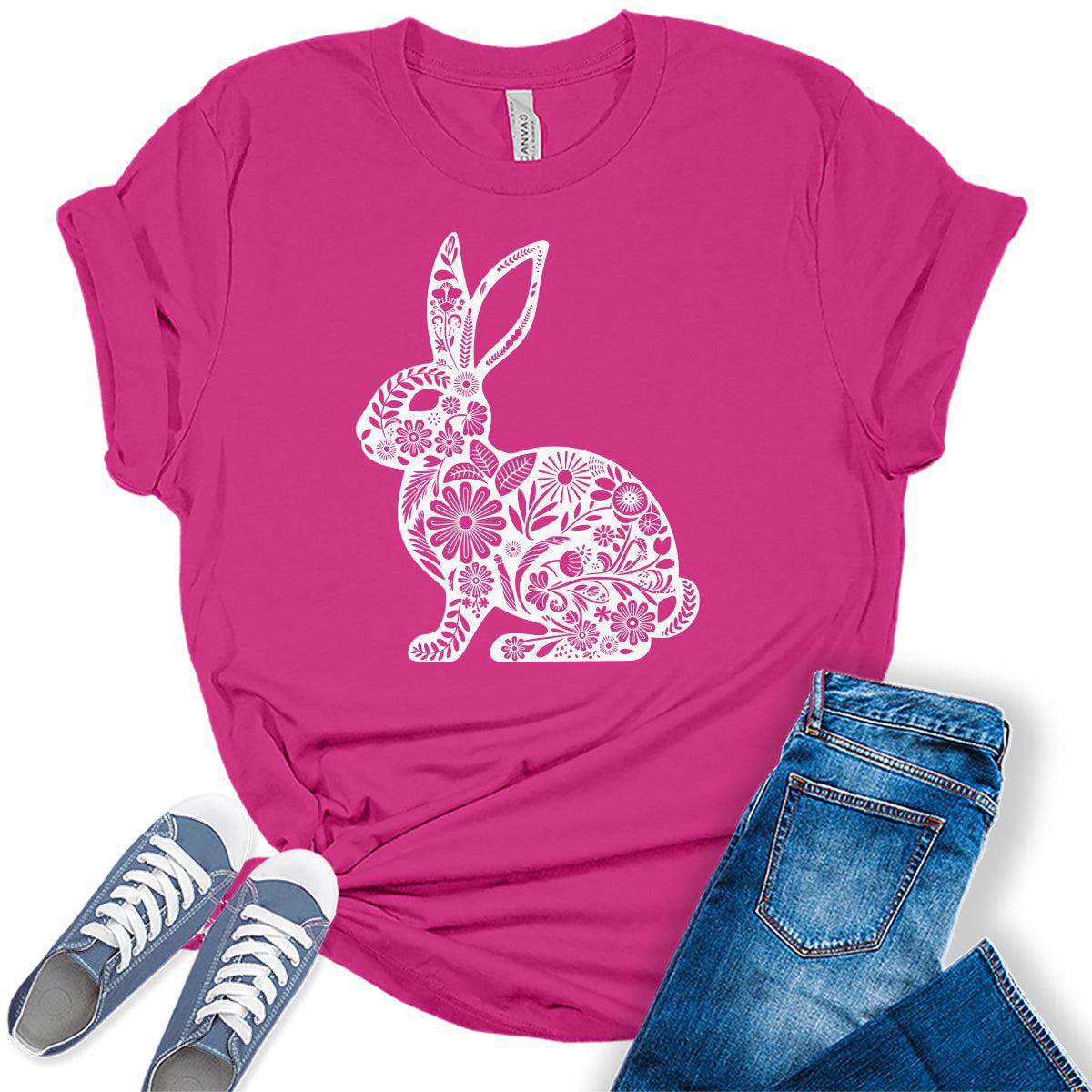 Easter Shirts for Women Cute Floral Bunny Casual Graphic Tees Bella Plus Sized Tops