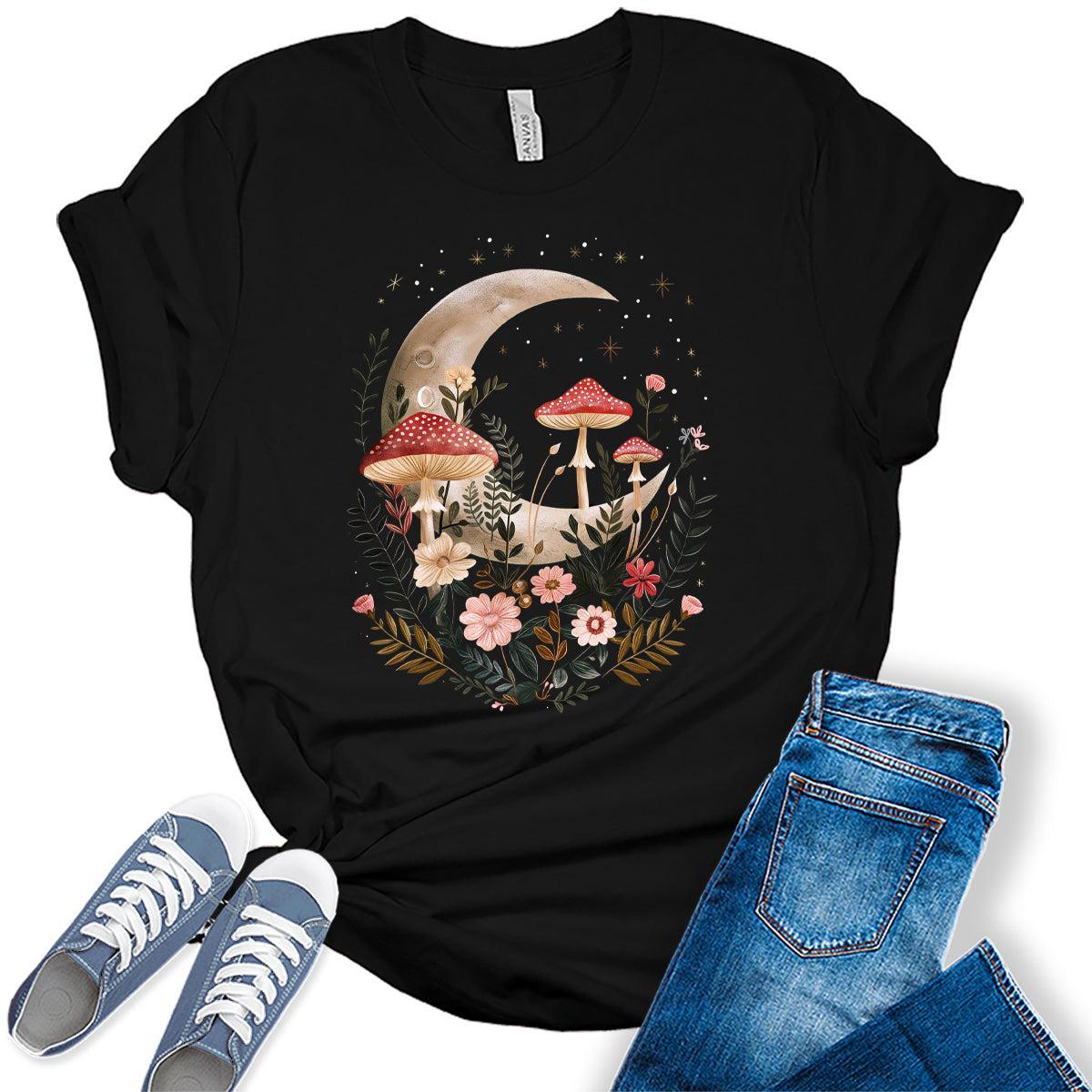 Womens Mushroom Shirts Wildflower Vintage Moon Graphic Tees Spring Cottagecore T Shirts Bella Summer Tops