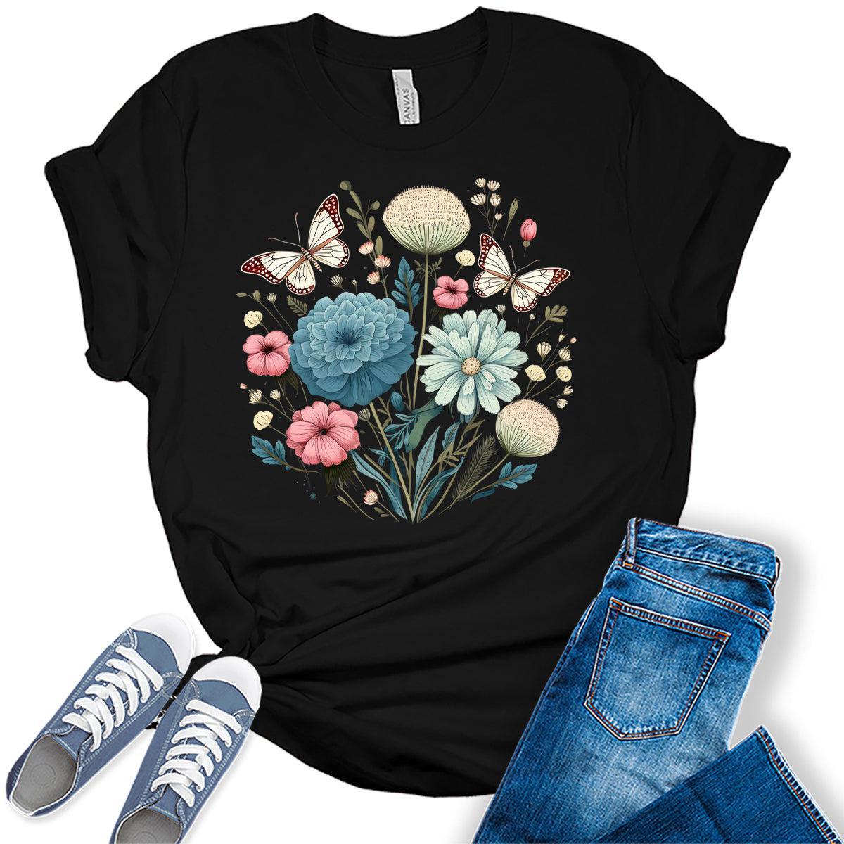 Women's Flower Vintage Summer Butterfly Shirts Cottagecore Cute Trendy Casual Graphic Tees Bella Plus Sized Tops