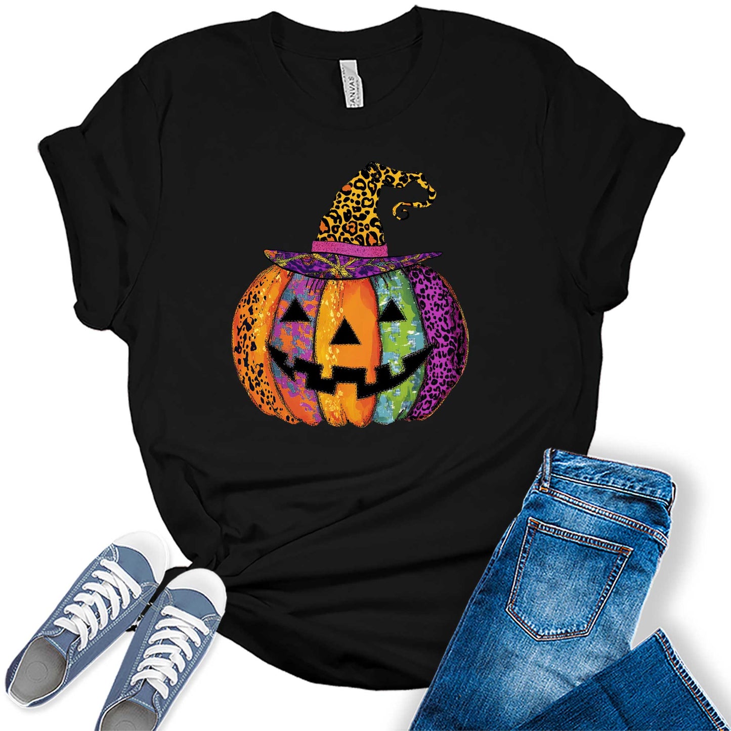 Women's Halloween Jack-O-Lantern Leopard Print Witch Hat Pumpkin Graphic Tees