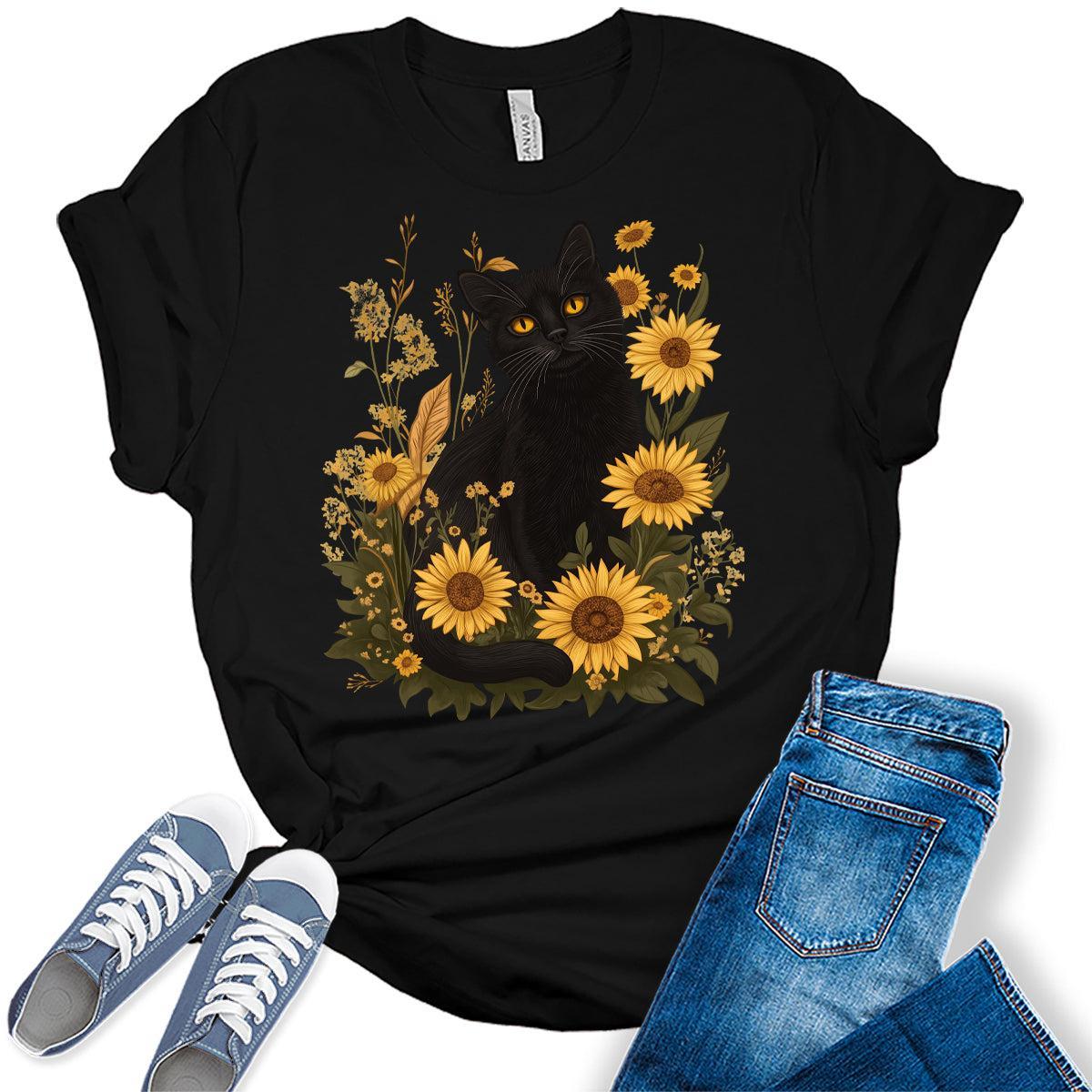 Womens Cat Shirts Sunflower Vintage Graphic Tees Spring Cottagecore T Shirts Bella Summer Tops