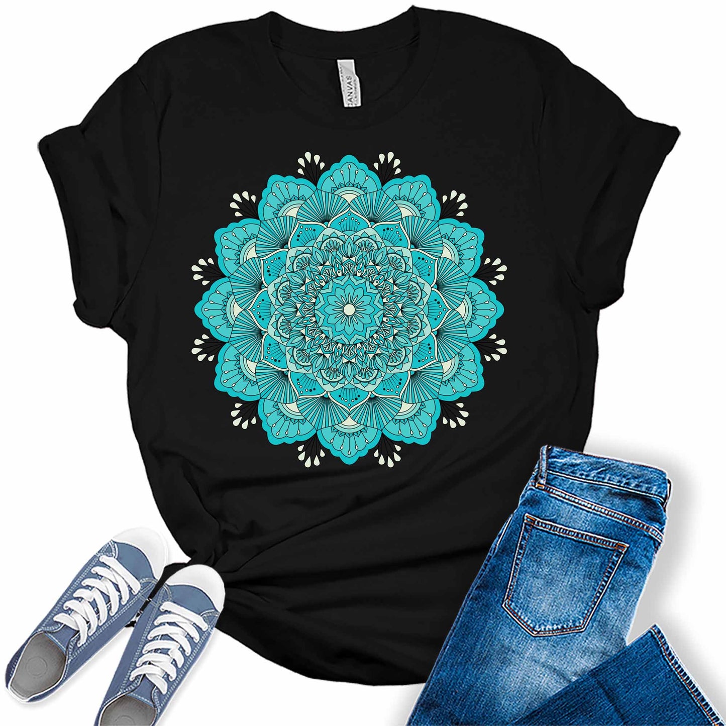 Mandala Shirt Casual Vintage Graphic Tees for Women Short Sleeve Plus Size Teal Summer Tops