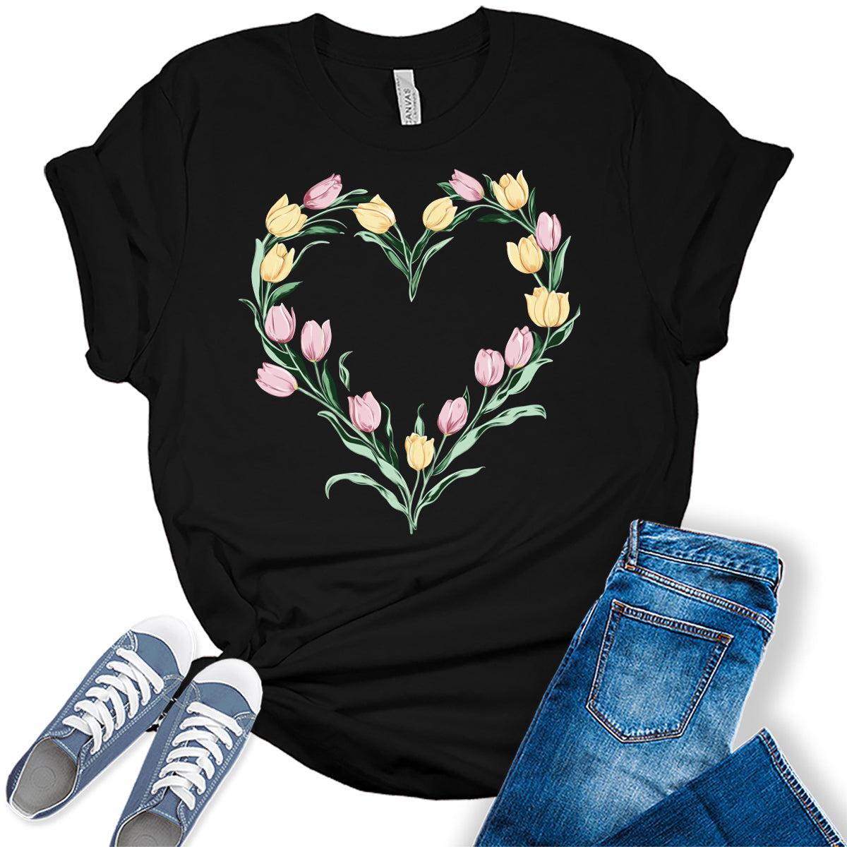 Womens Floral Heart Shirts Vintage Tulip Graphic Tees Spring Cottagecore T Shirts Bella Summer Tops