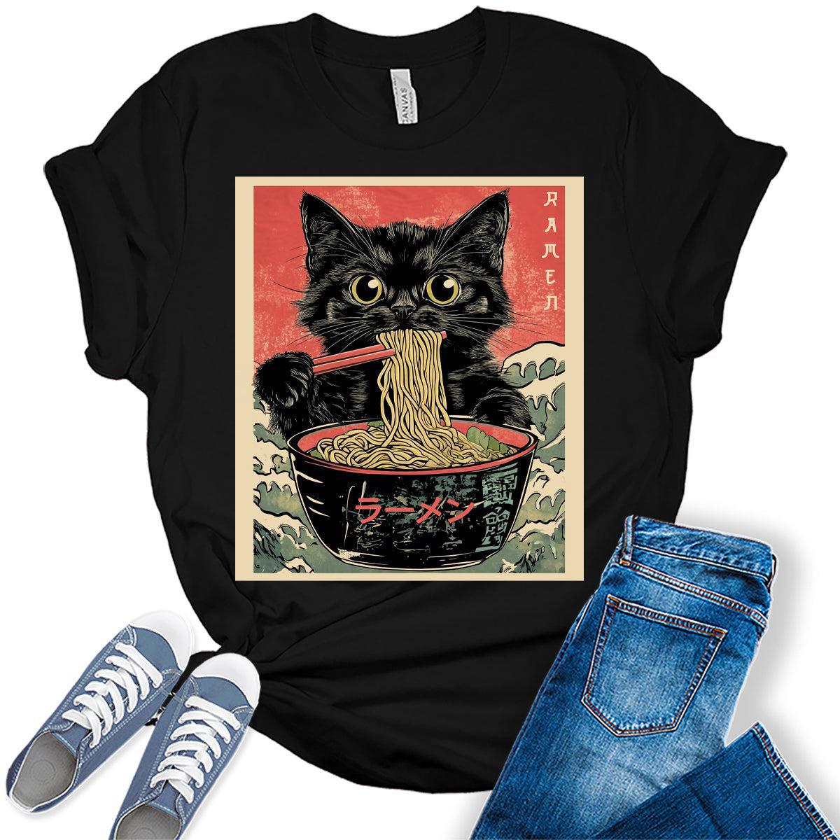 Cat Ramen Japanese Funny Graphic Tees Kawaii Cat Anime Gifts Women's T-Shirt