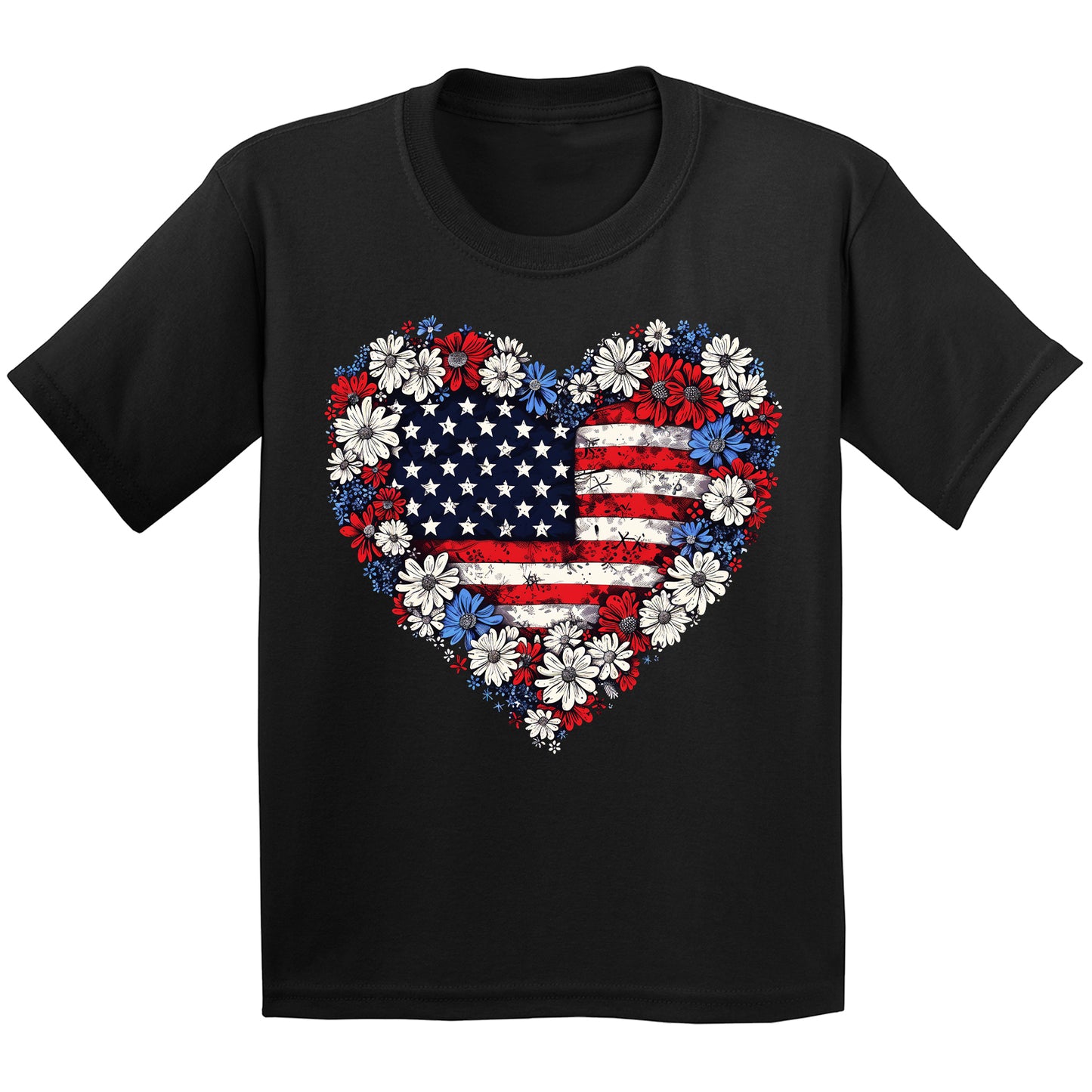 Floral Heart American Flag 4th Of July Graphic Tee for Youth