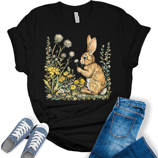 Easter Bunny Shirts for Women Wildflower Daisy Floral Vintage Graphic Tees
