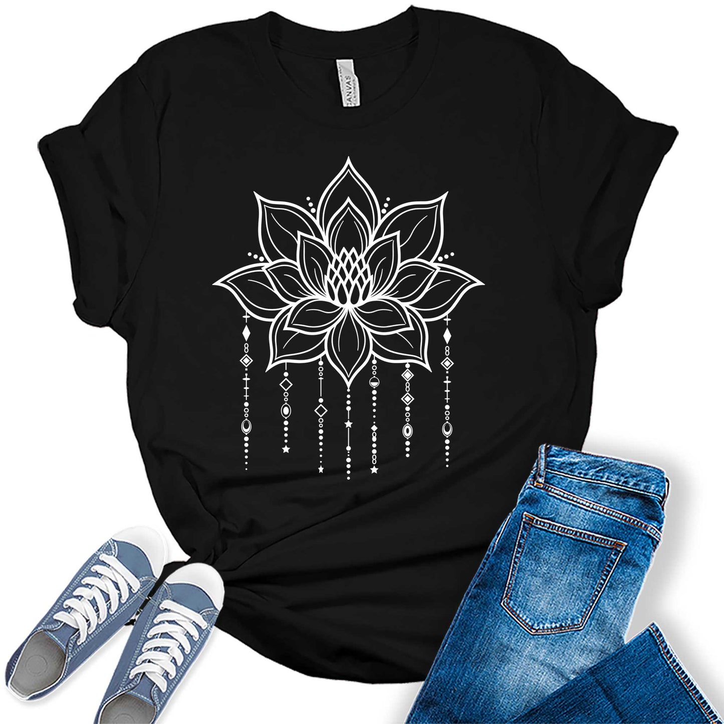 Mandala Shirt for Women Lotus Flower Graphic Tees Short Sleeve Casual Trendy T Shirts Tops