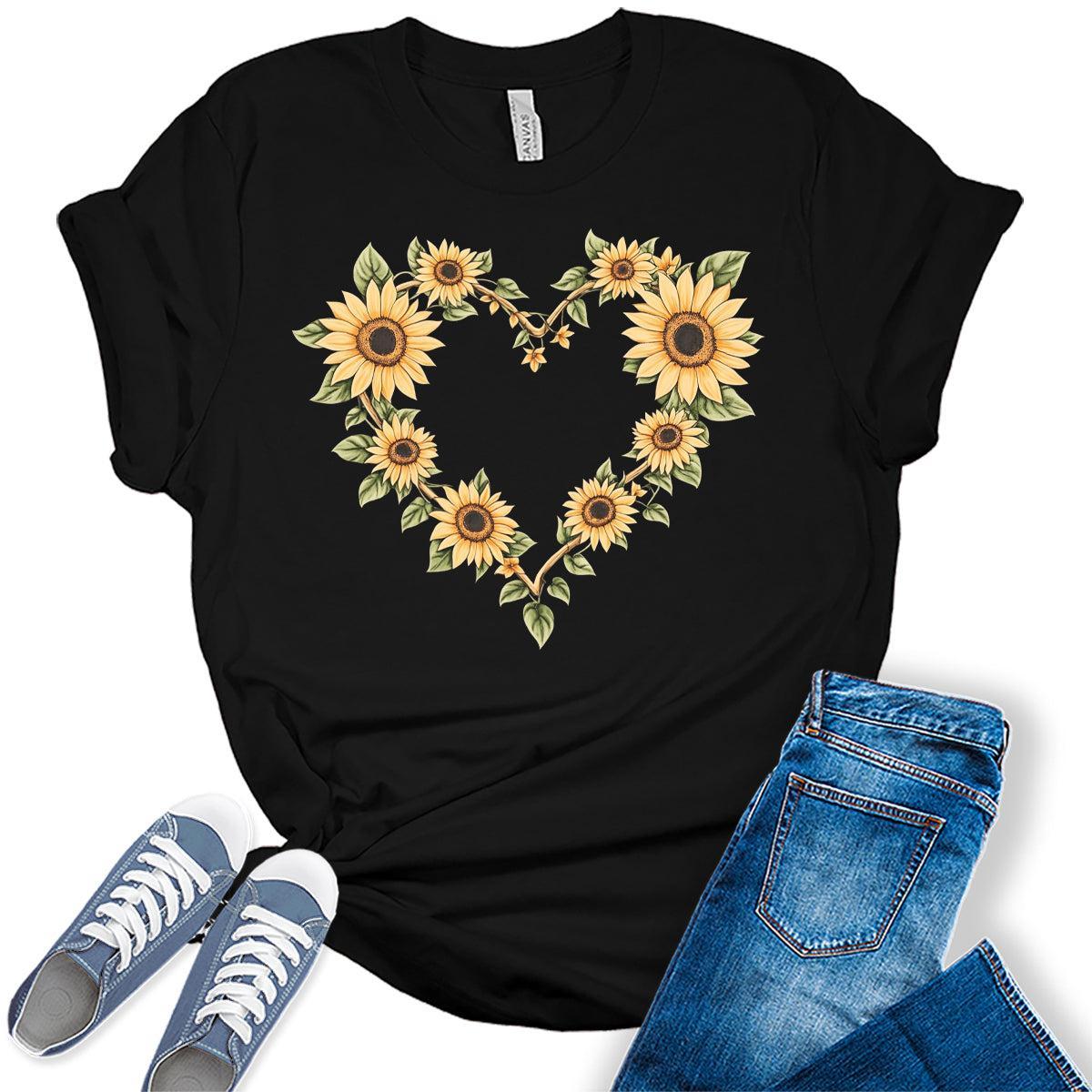 Womens Sunflower Shirts Floral Vintage Heart Graphic Tees Spring Cottagecore T Shirts Bella Summer Tops