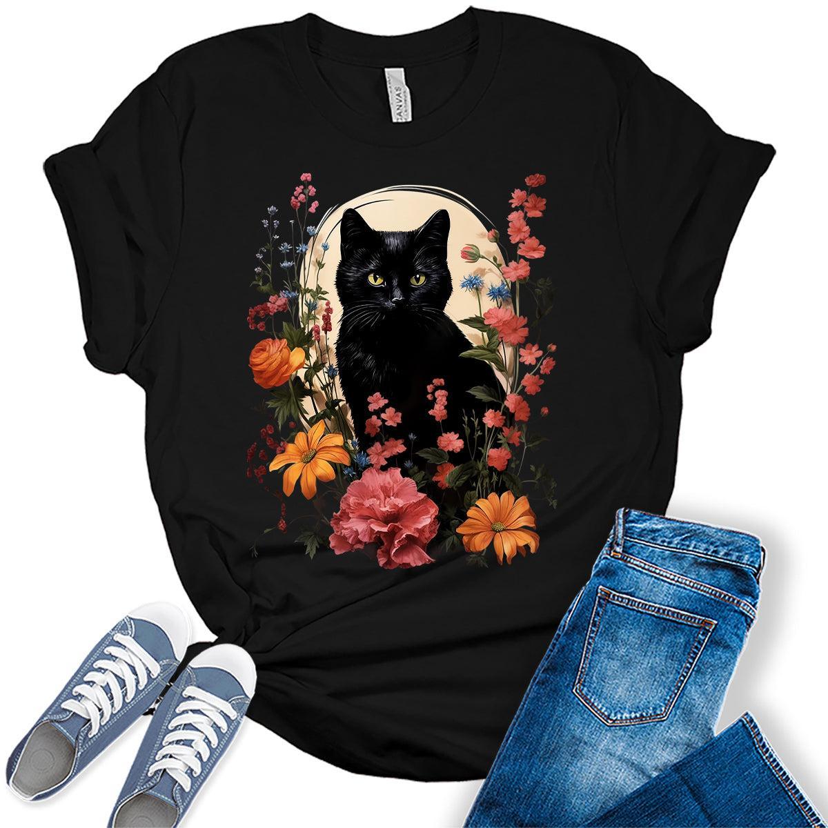 Womens Cat Shirts Wildflower Vintage Spring Graphic Tees Spring Cottagecore T Shirts Bella Summer Tops