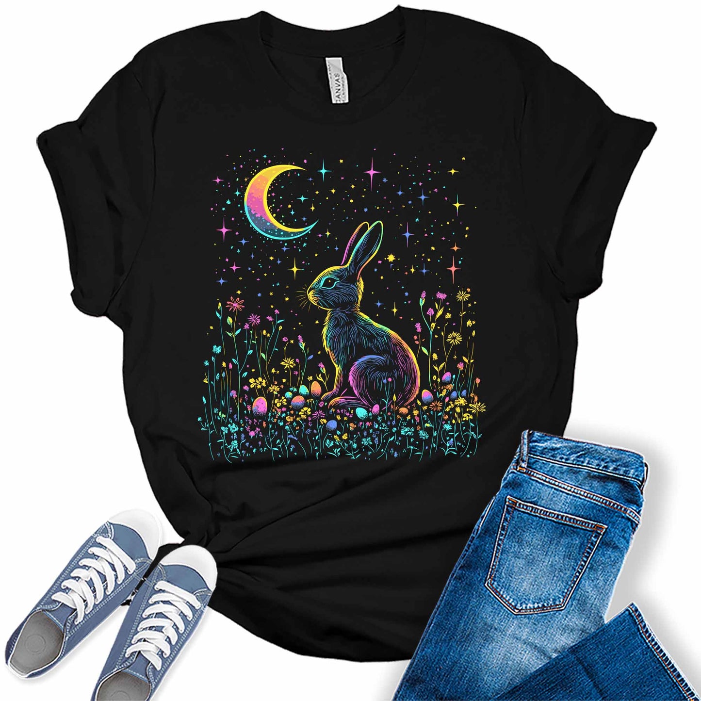 Women's Floral Easter Bunny Egg Shirts Flower Moon And Stars Night Sky Graphic Tees