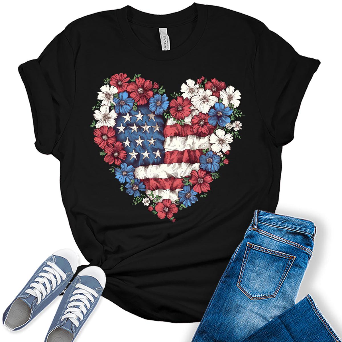 Patriotic Heart American Flag Graphic Tees for Women 4th of July