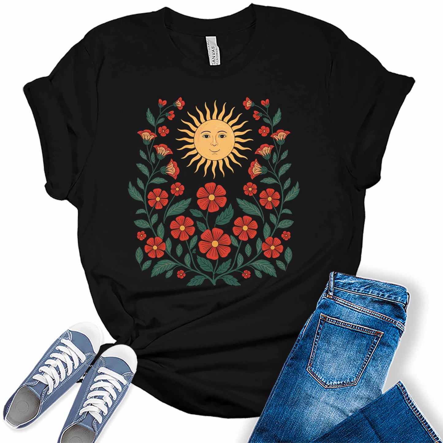 Womens Boho Flowers Wildflowers Sunshine Tee Cute Summer Graphic Shirts Short Sleeve T Shirt