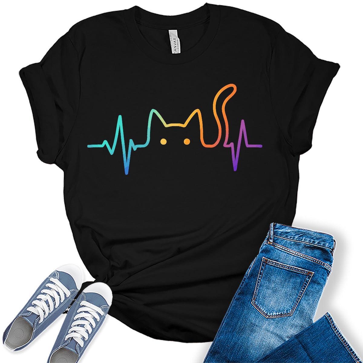 Heartbeat Cat Lover Animal Silhouette Cute Cat T-Shirt Funny Novelty Bella Plus Sized Tops