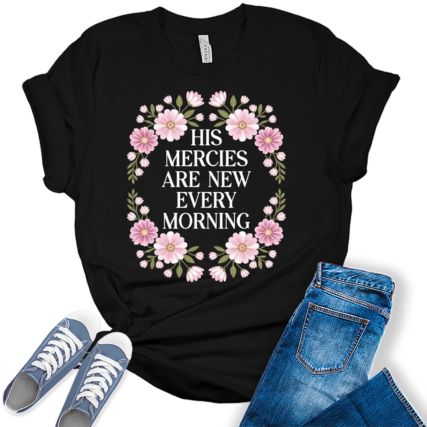 Women's His Mercies Are New Cute Trendy Faith Shirts Christian Casual Graphic Tees Bella Plus Sized Tops