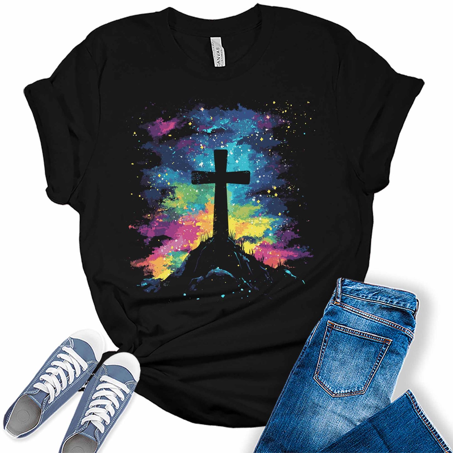 Women's Easter Cross Night Sky Shirts Cute Trendy Northern Lights Casual Graphic Tees Bella Plus Sized Tops