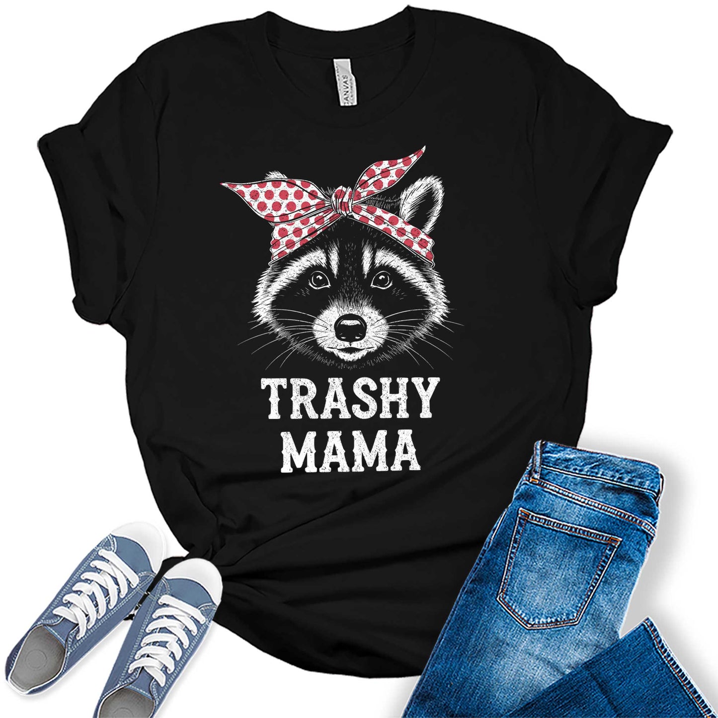Womens Mama Shirt Trashy Raccoon Mom Vintage Summer Casual Graphic Tees Bella Plus Sized Tops