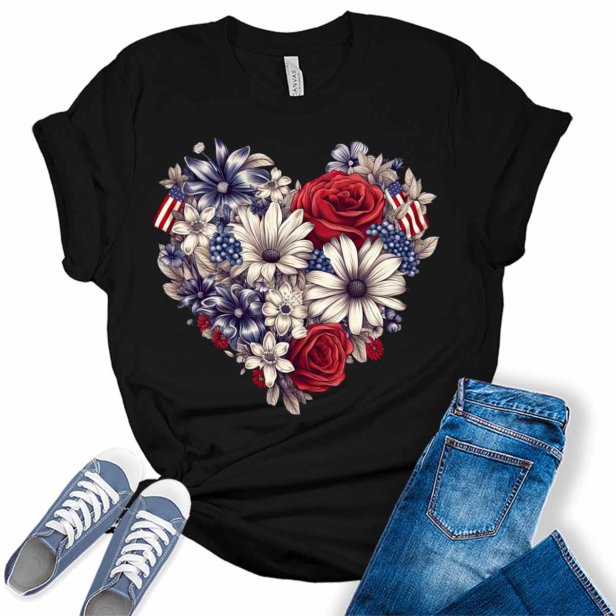 Womens 4th of July Shirts Patriotic American Flag Floral Heart Tshirts Bella Sunflower Short Sleeve Summer Graphic Tees