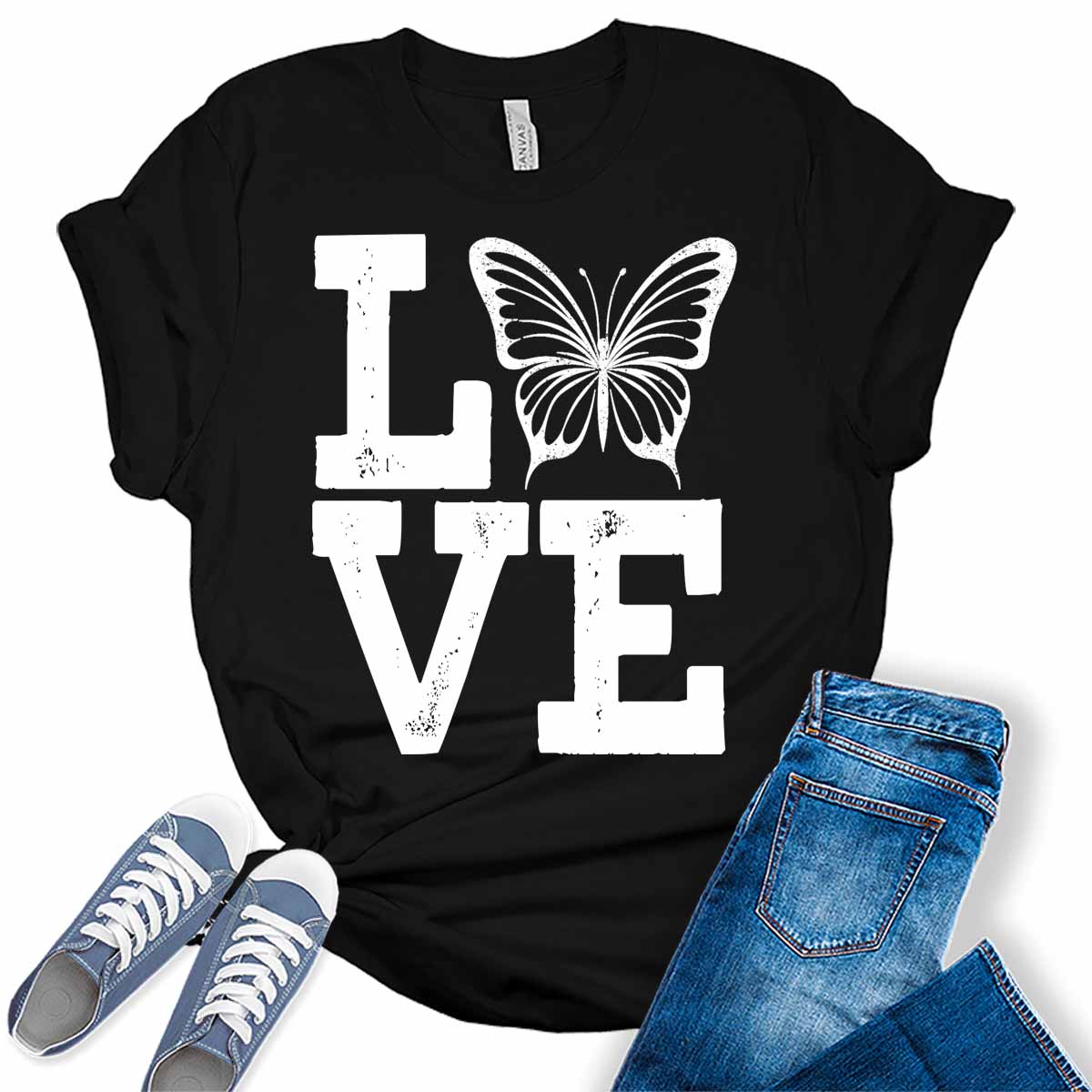 Love Shirt Cute Butterfly T Shirt Letter Print Graphic Tees for Women Summer Tops