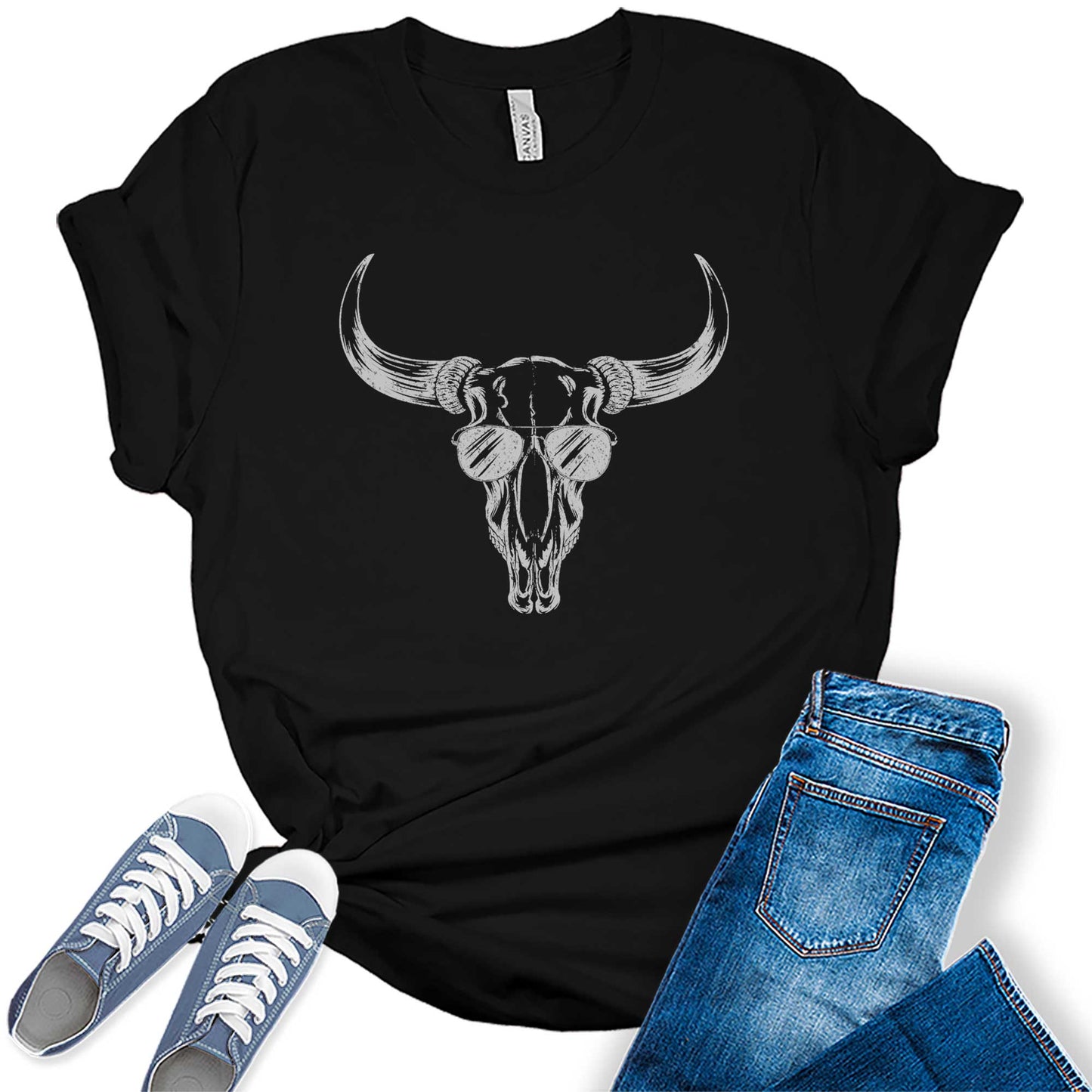 Western Outfit T Shirts Summer Country Rodeo Bull Skull With Sunglasses Graphic Tees Bella Plus Size Tops For Women