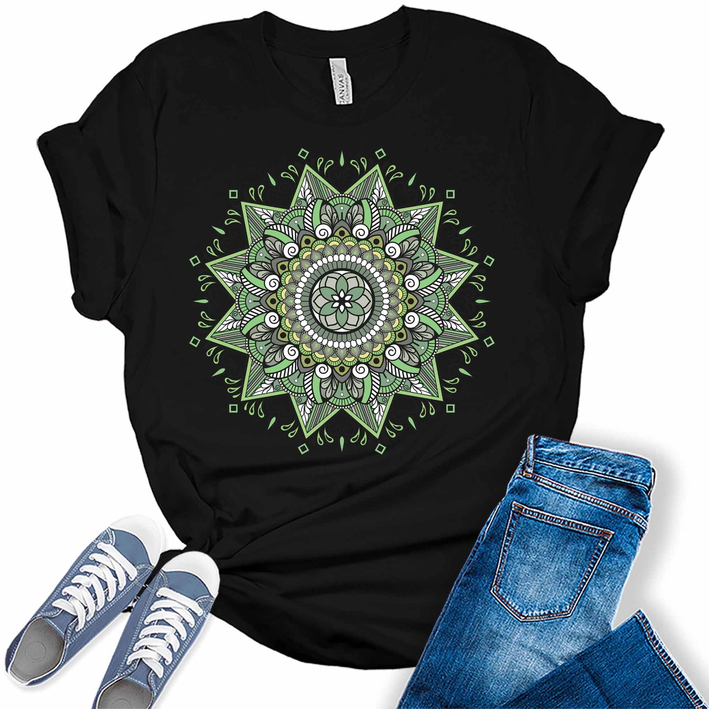 Vintage Green Mandala Shirt Casual Graphic Tees for Women Short Sleeve Plus Size Summer Tops