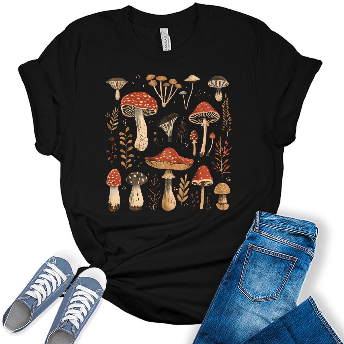 Women's Vintage Summer Mushroom Shirts Cottagecore Cute Trendy Casual Graphic Tees Bella Plus Sized Tops