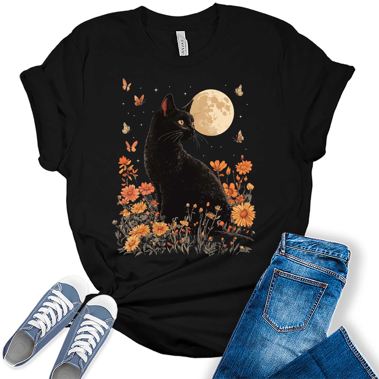 Cottagecore Shirt Vintage Black Cat Tshirts Floral Moon Fall Graphic Tees for Women