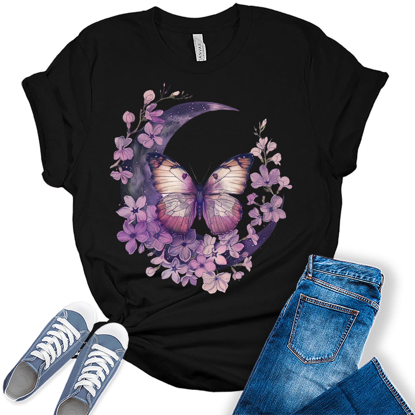 Butterfly Shirt Vintage Cottagecore Wildflowers T Shirt Trendy Moon Graphic Tees for Women