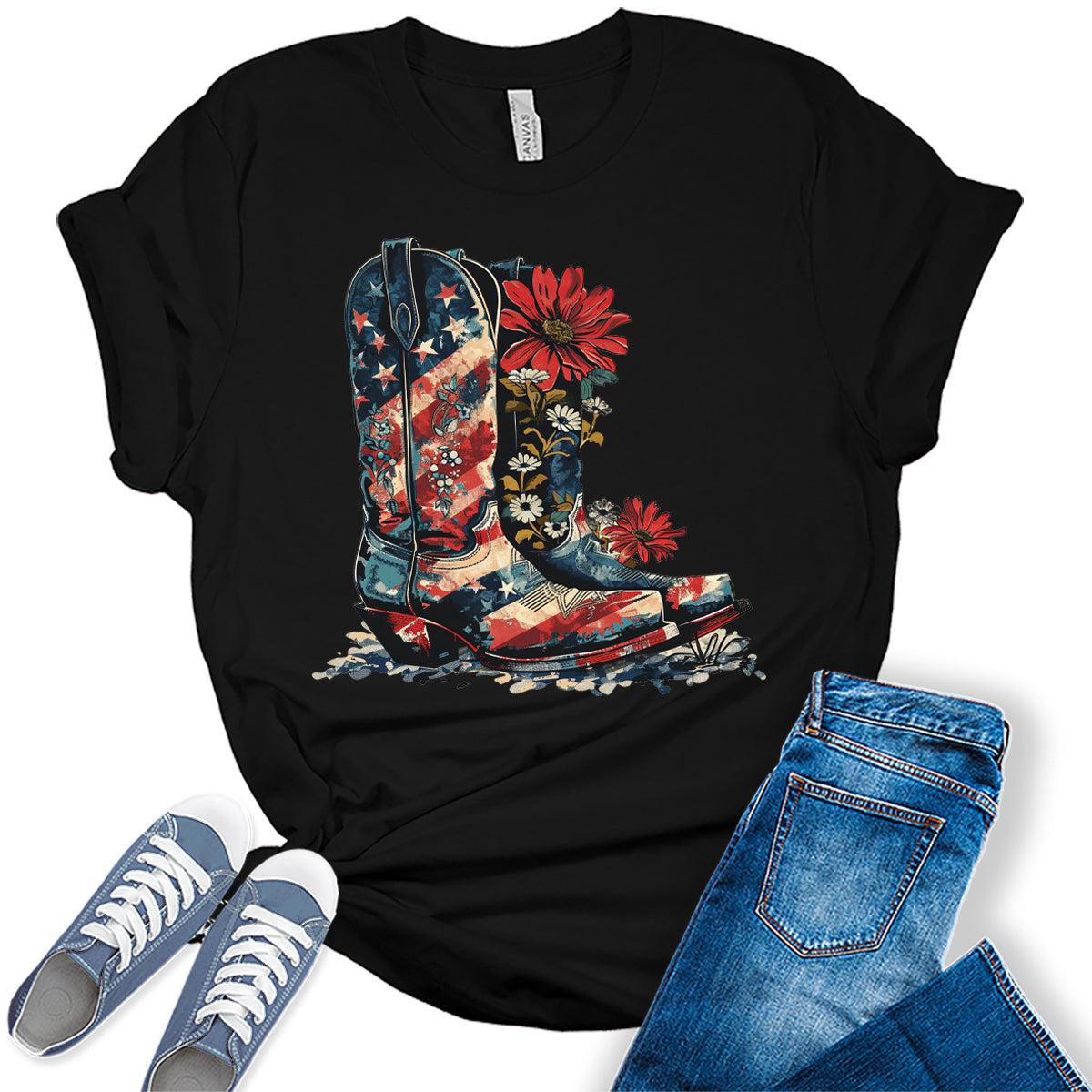 Patriotic Flower Boots American Flag Graphic Tees for Women