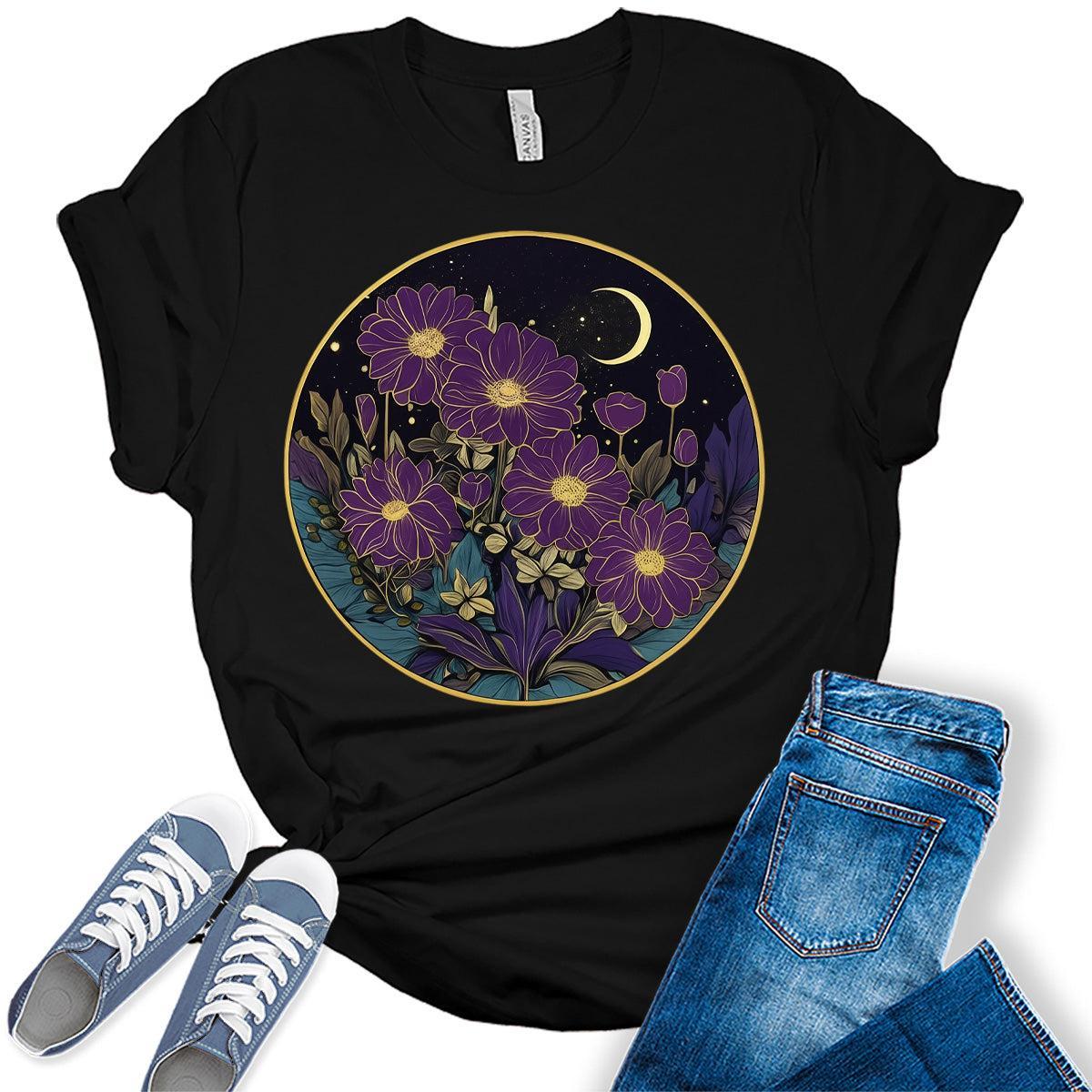 Boho Tops Floral Shirts Womens Graphic Tees Purple Wildflower Vintage Moon Cottagecore T Shirts
