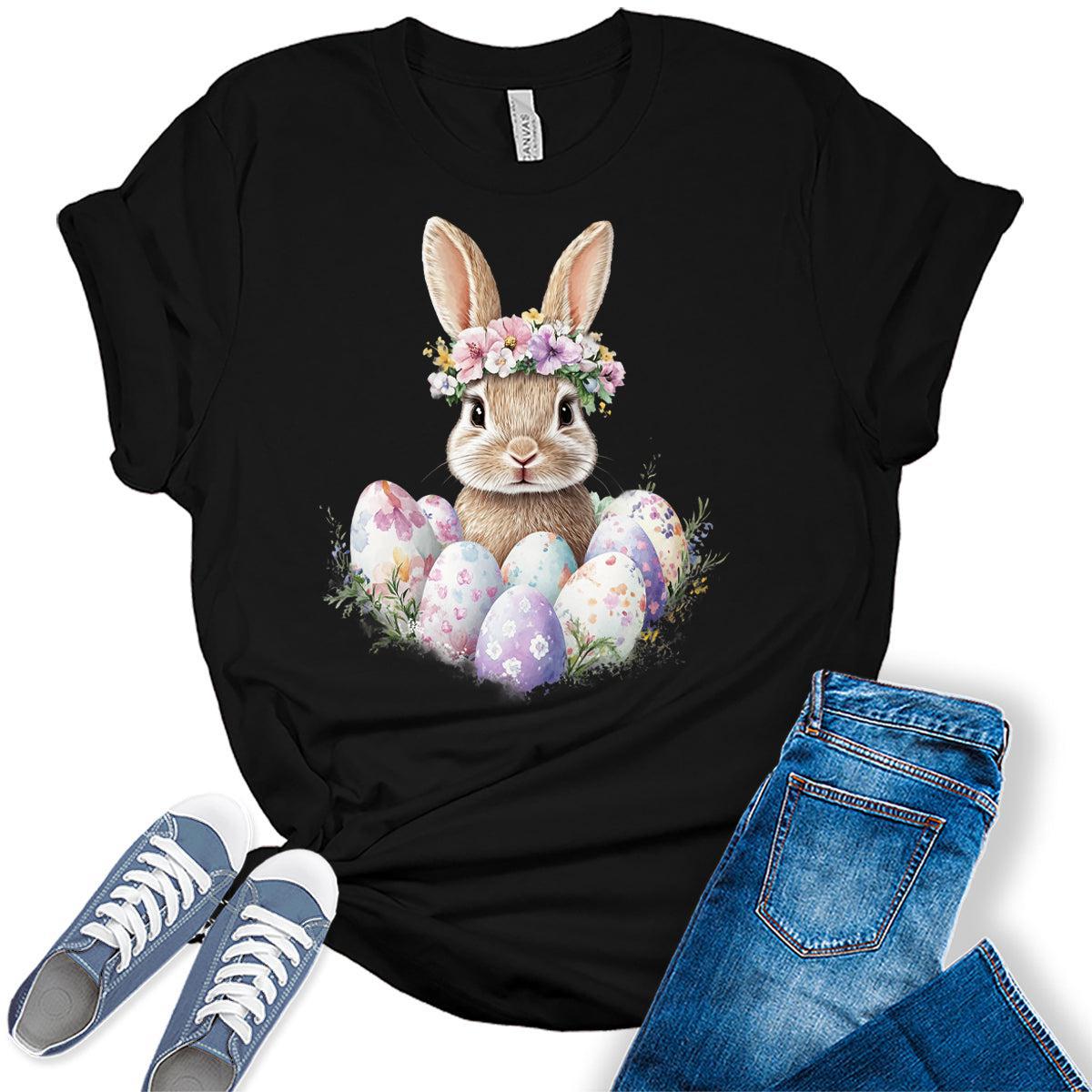 Women's Easter Shirts Bunny Eggs Cute Trendy Casual Graphic Tees Bella Plus Sized Tops