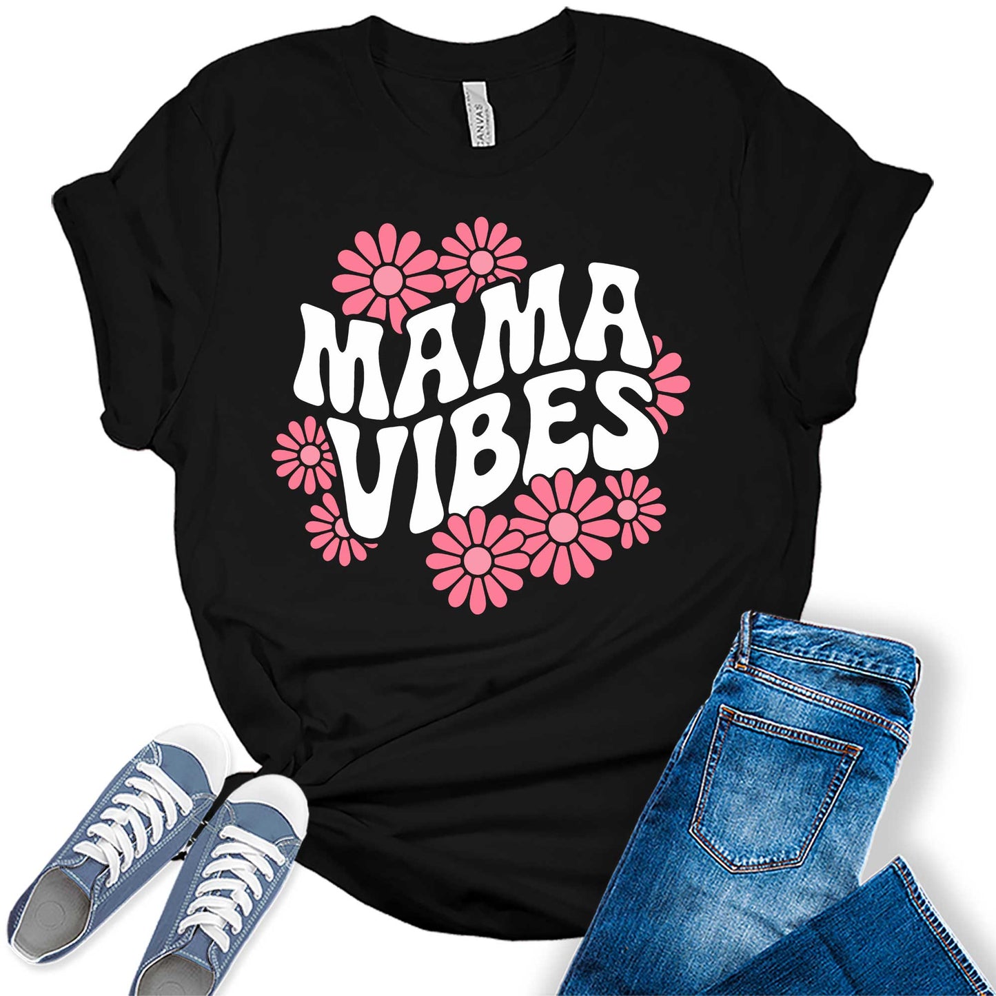 Women's Groovy Retro Mama Floral Daisies Casual Graphic Tees Bella Plus Sized Tops