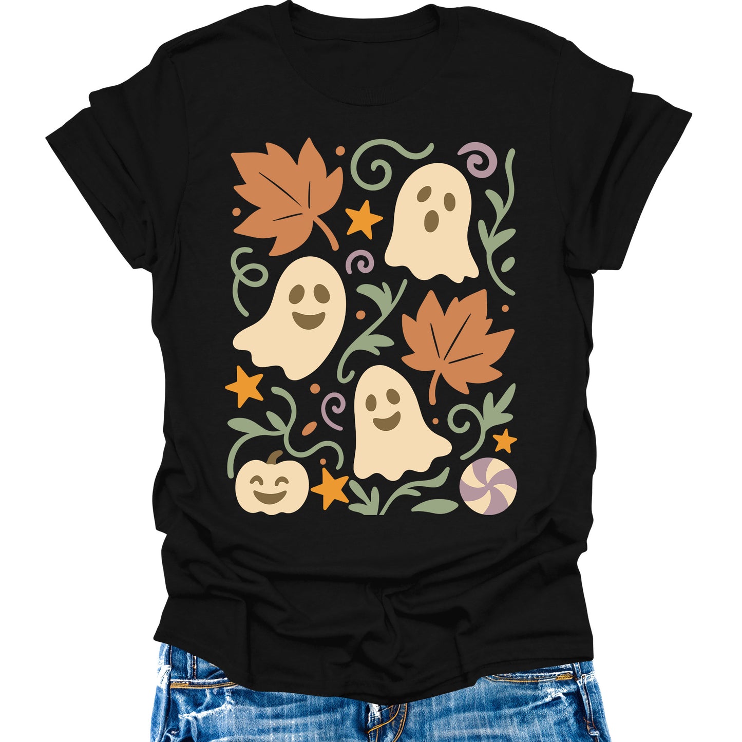 Halloween Pumpkin Shirts Womens Vintage Boho Ghost Fall T-Shirts Cute Autumn Graphic Tees Thanksgiving Tops