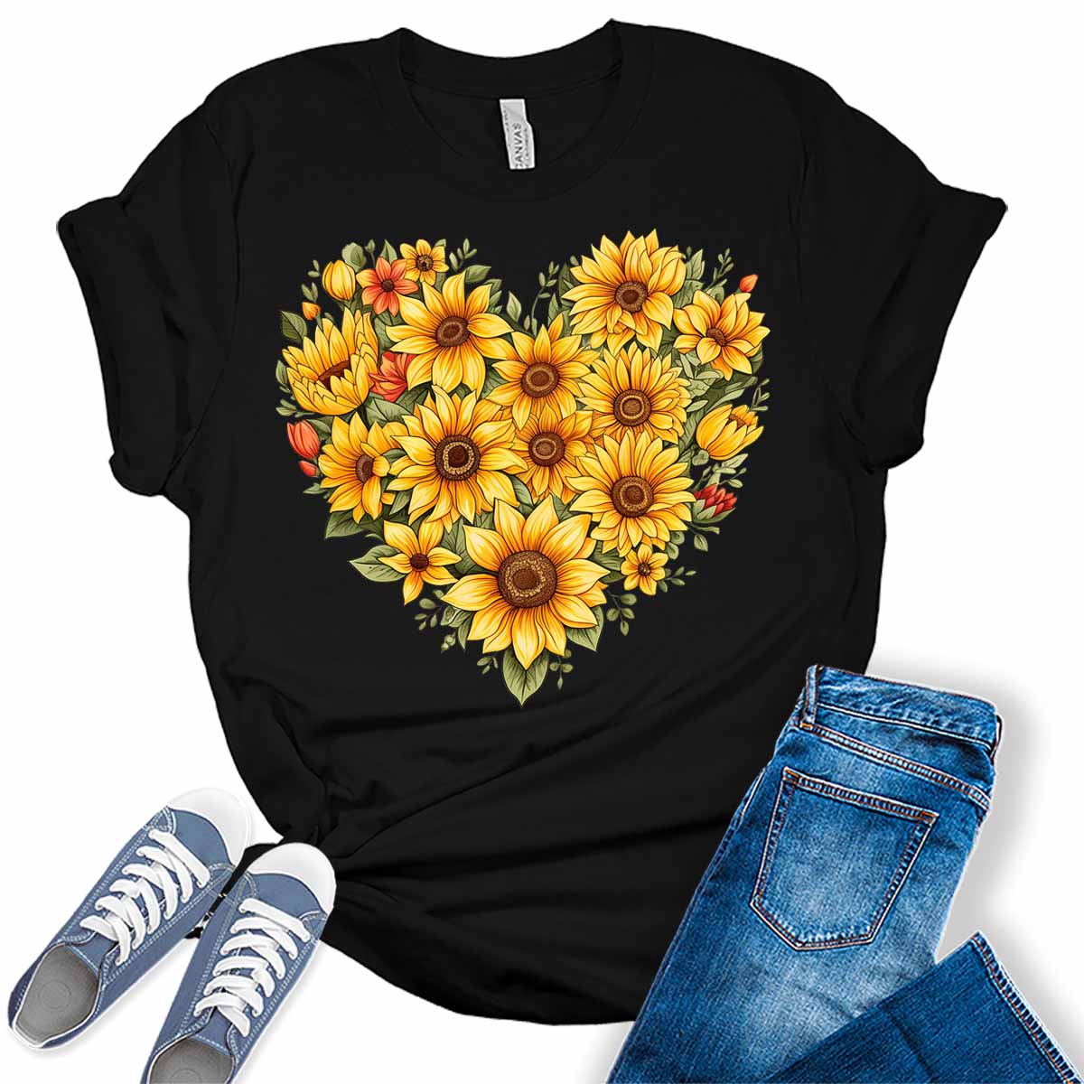 Sunflower Floral Heart Summer Womens Graphic Tee