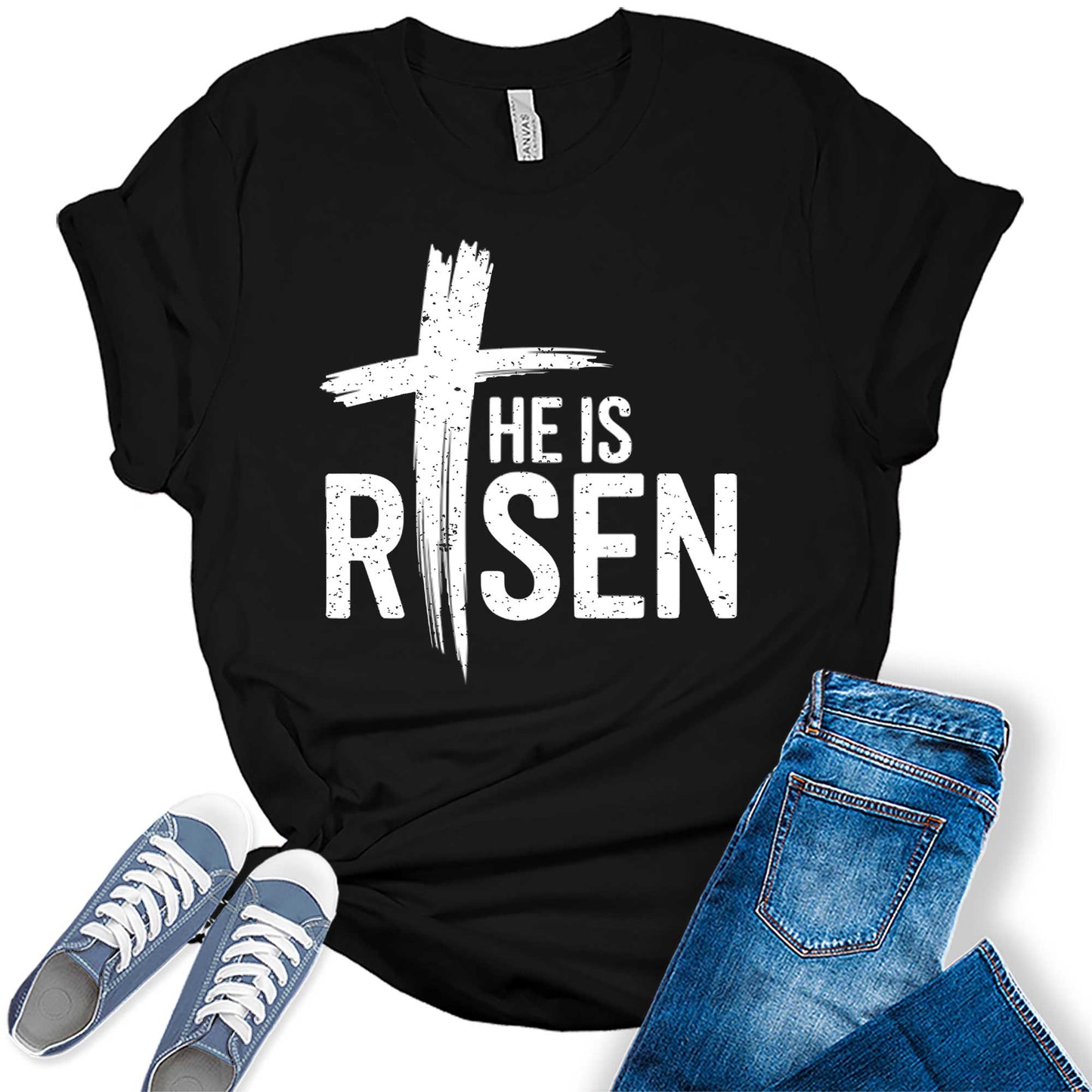 Women's He Is Risen Jesus Trendy Christian Easter Casual Graphic Tees Bella Plus Sized Tops