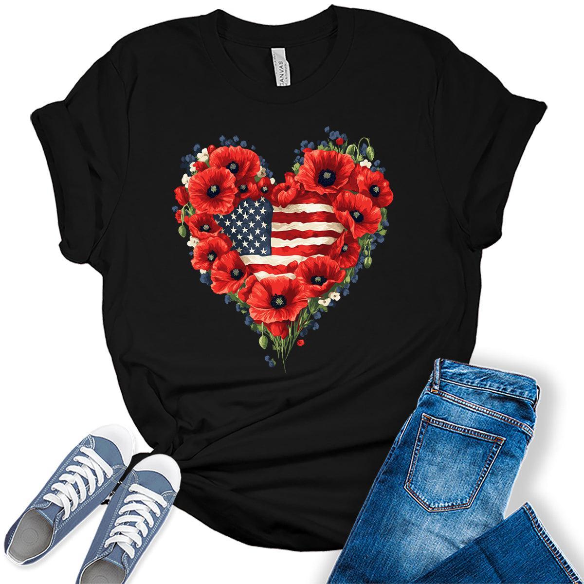 Poppies Heart 4th of July Shirts For Women Patriotic Flag Graphic Tees Floral Heart Bella Plus Sized Tops