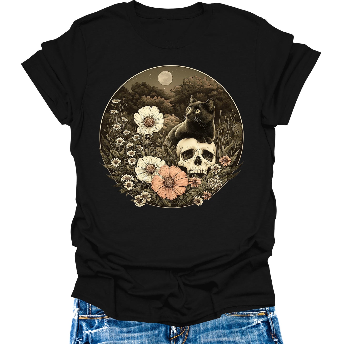 Black Cat Halloween Skull Shirts Women's Vintage Gothic Dark Floral Graphic Tees