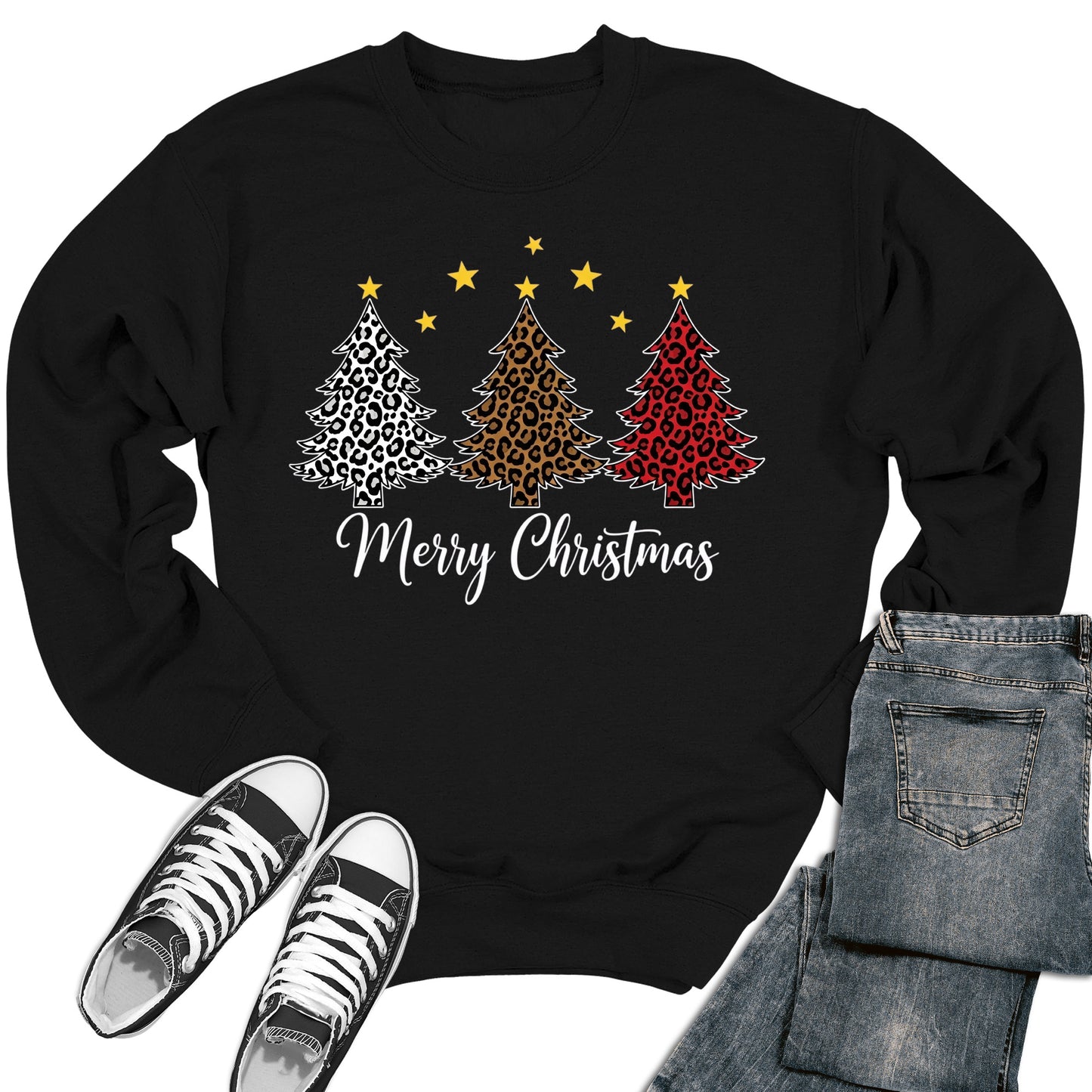 Merry Christmas Sweaters For Women Christmas Tree Leopard Print Holiday Long Sleeve Crewneck Tops
