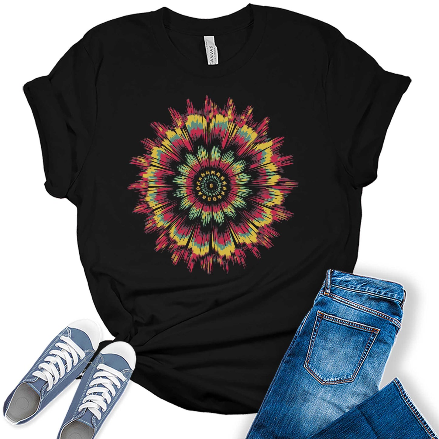 Womens Mandala Sunflower Glitch Shirt Casual Vintage Graphic Tees for Women Short Sleeve Plus Size Summer Tops