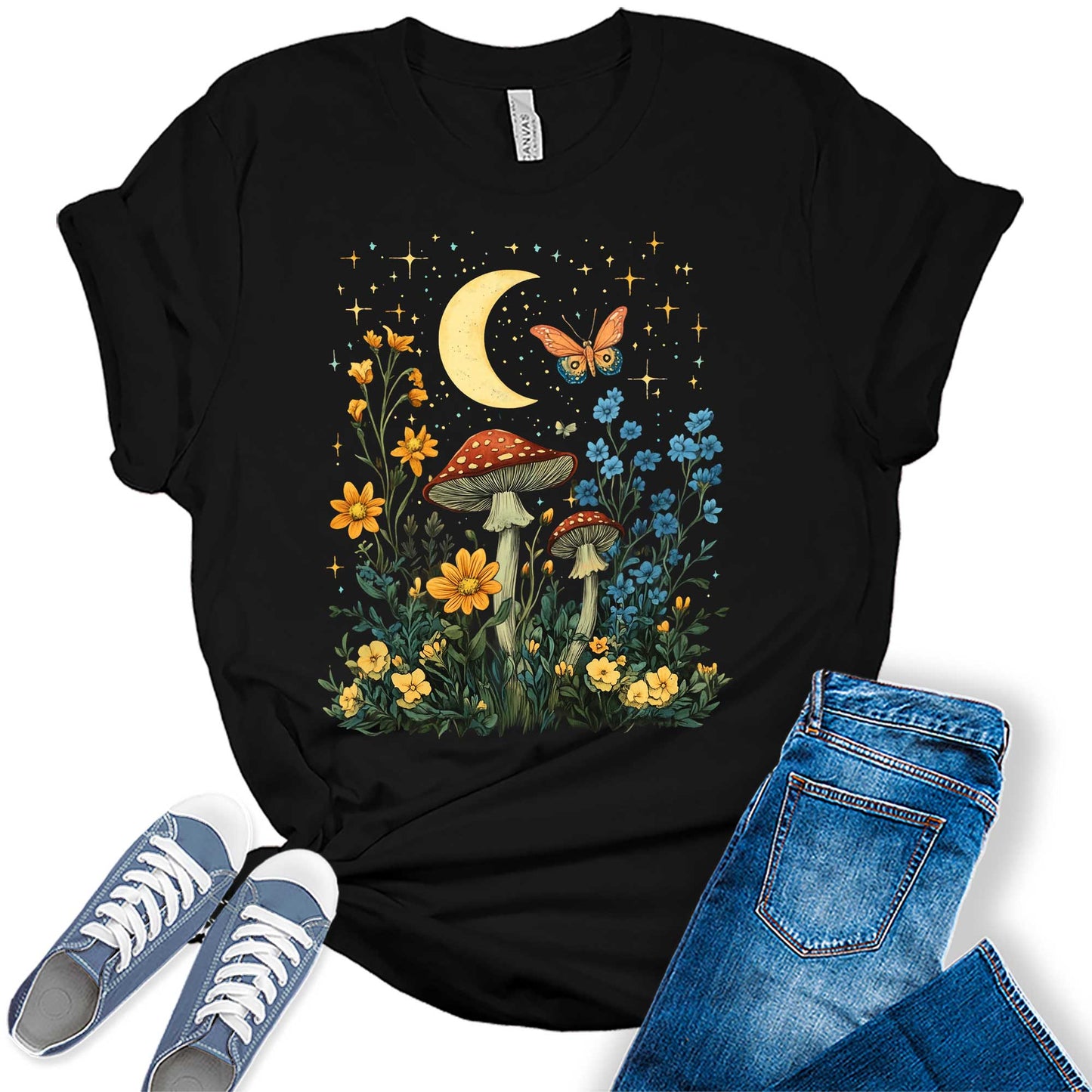 Womens Floral Shirts Wildflower Mushroom Graphic Tees Spring Butterfly Short Sleeve Cottagecore T Shirts Bella Summer Tops