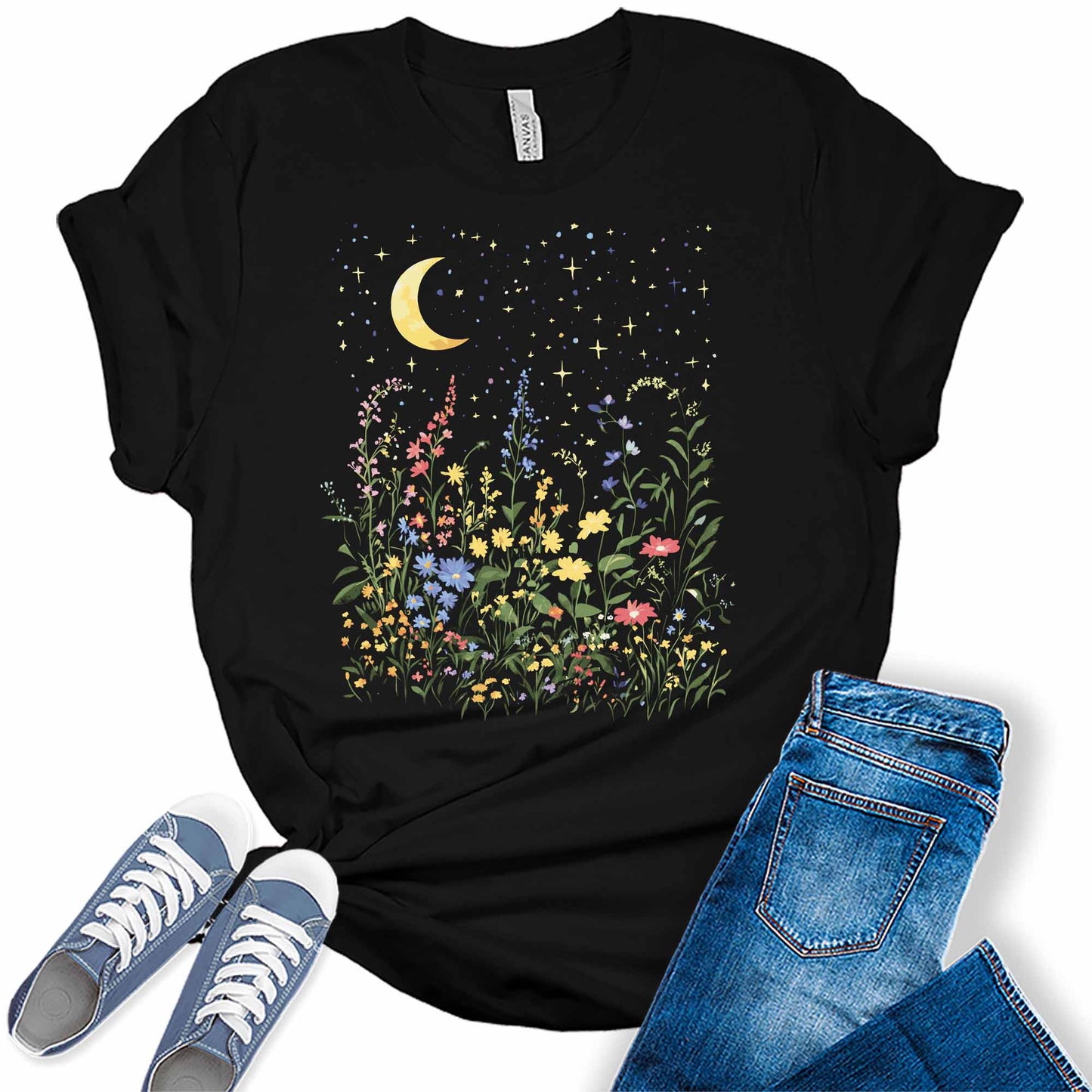 Women's Spring Floral Moon And Stars Cute Trendy Night Sky Casual Graphic Tees Bella Plus Sized Tops