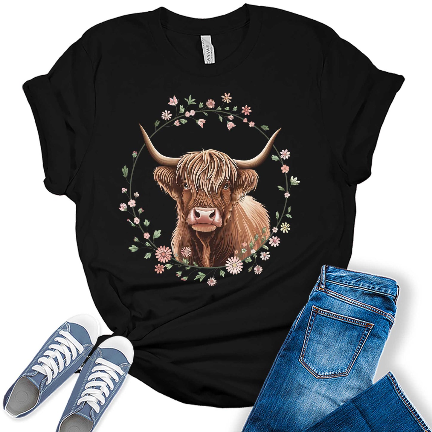Floral Highland Cow Shirt Cute Cowgirl Tshirt Plus Size Graphic Tees for Women Short Sleeve Summer Tops