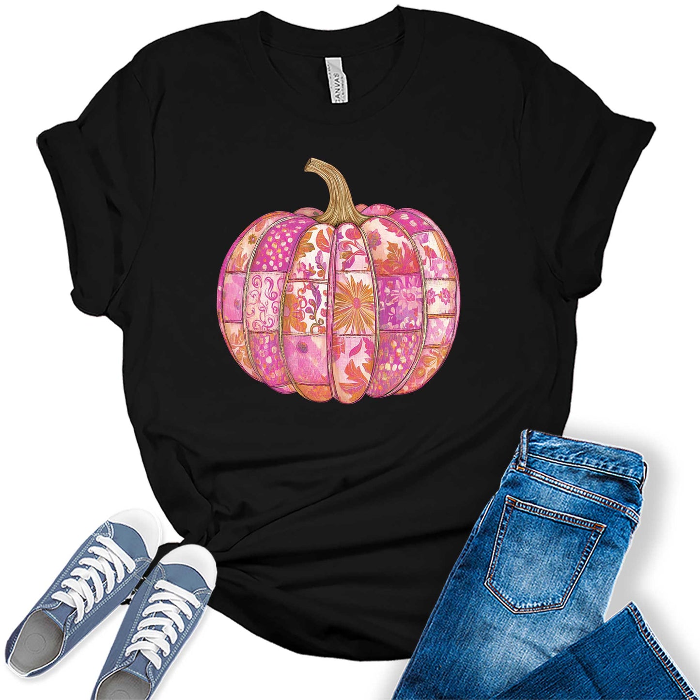 Women's Pink Pumpkin Patch Flower Fall Thanksgiving Graphic Tees
