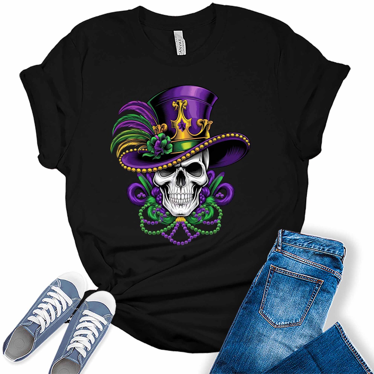 Women's Mardi Gras Festive Skull Graphic Tees