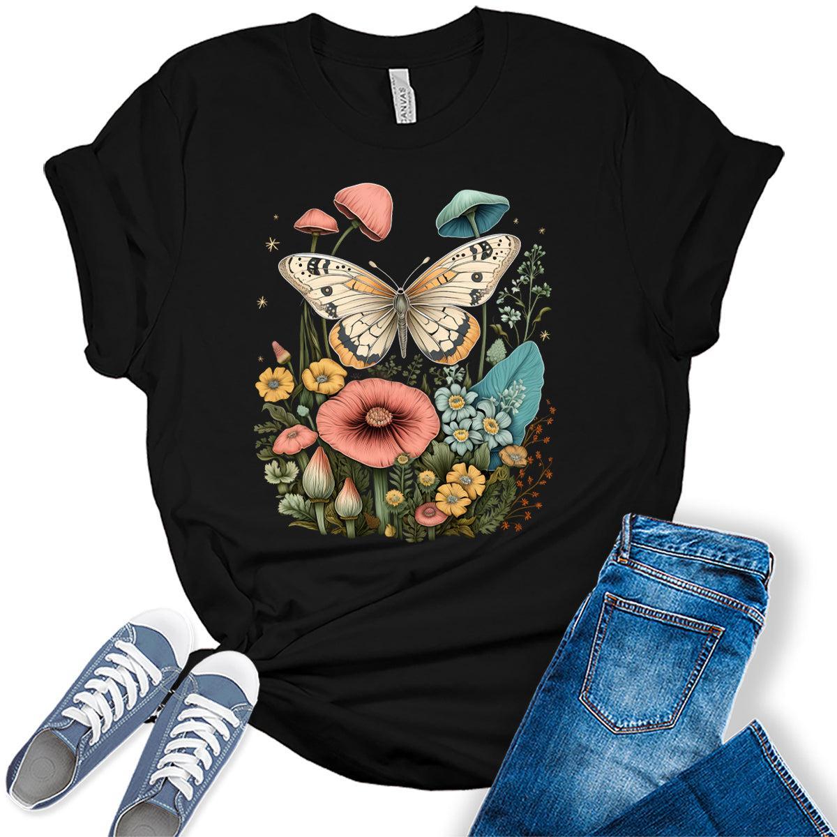 Womens Floral Shirts Wildflower Vintage Moth Moon Graphic Tees Spring Cottagecore T Shirts Bella Summer Tops