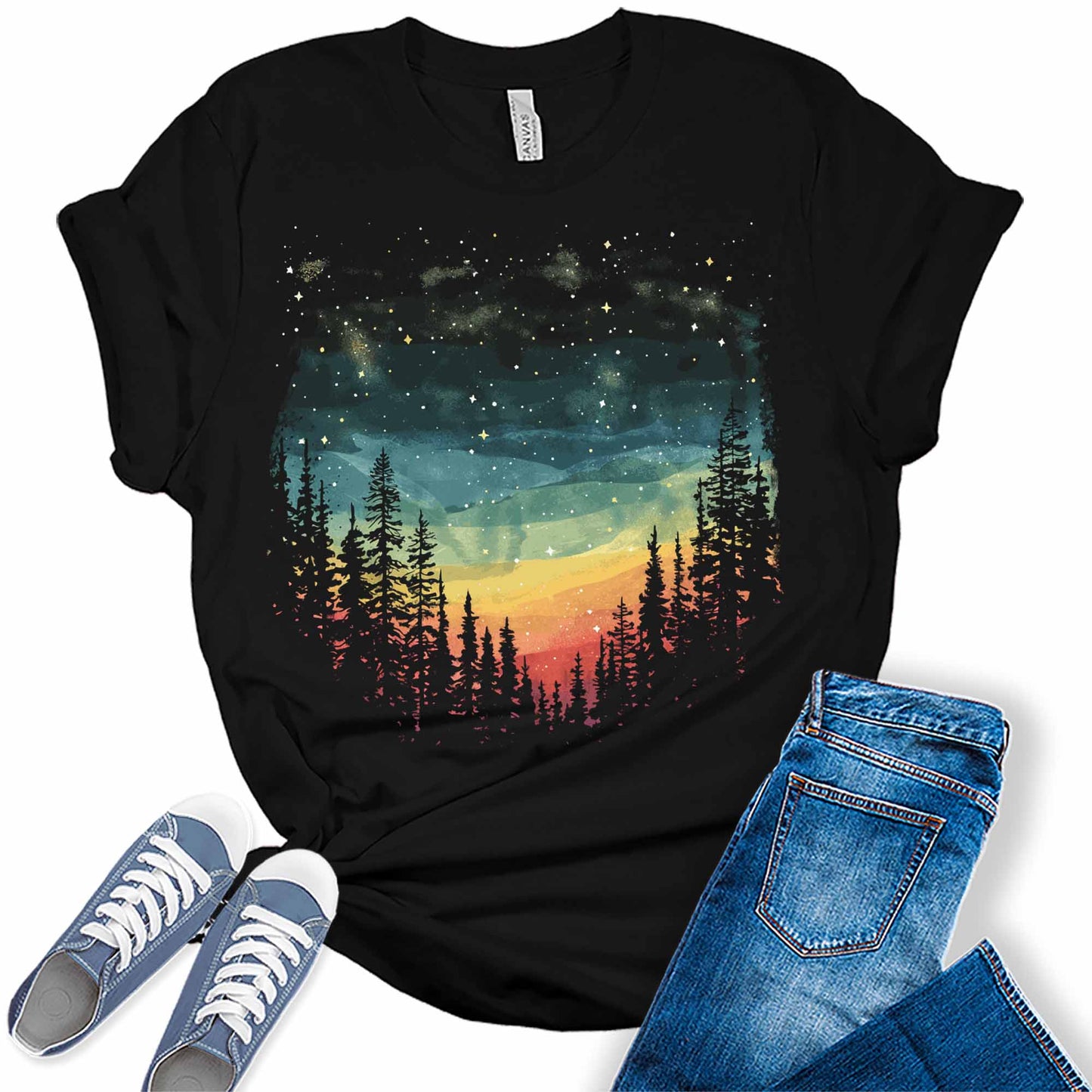 Womens Vintage Retro Northern Lights Sunset Forest Camping Hiking Graphic Tees