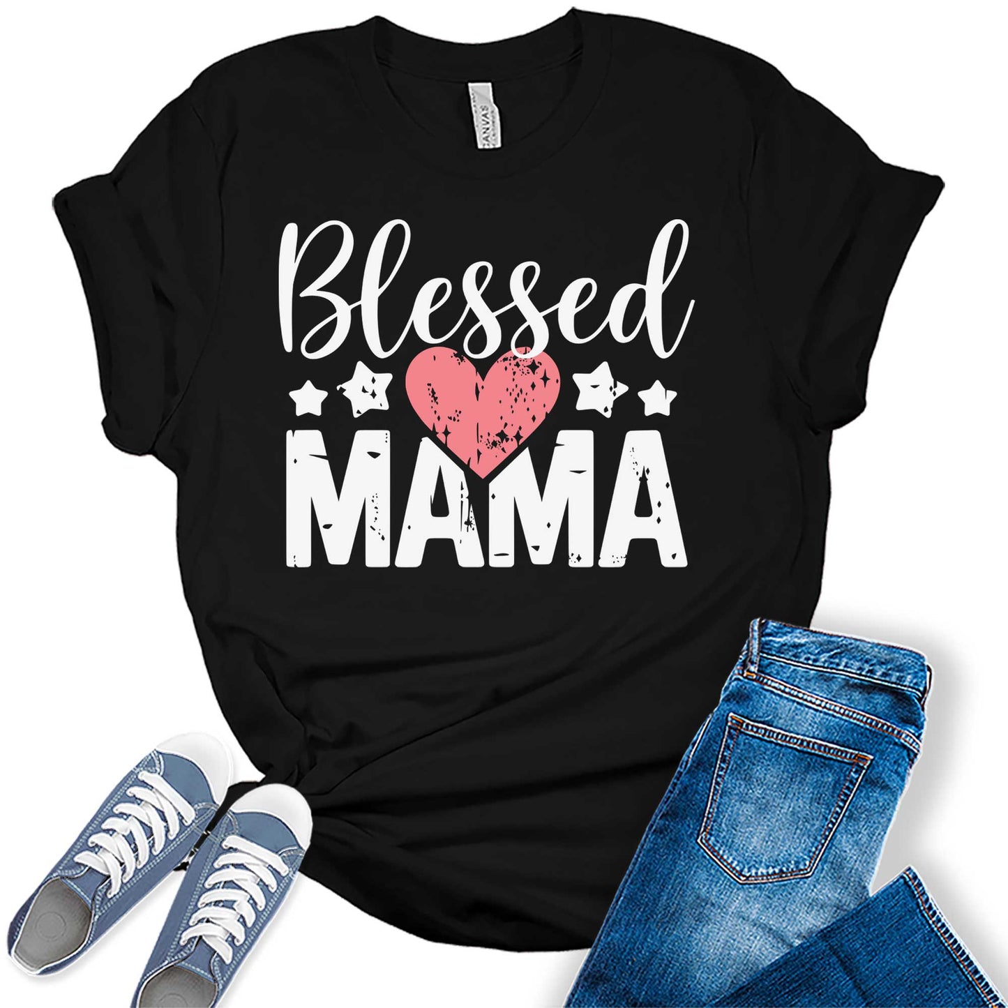 Women's Mama Shirt Blessed Mom Women Mother's Day T-Shirt Heart Casual Graphic Tees Bella Plus Sized Tops