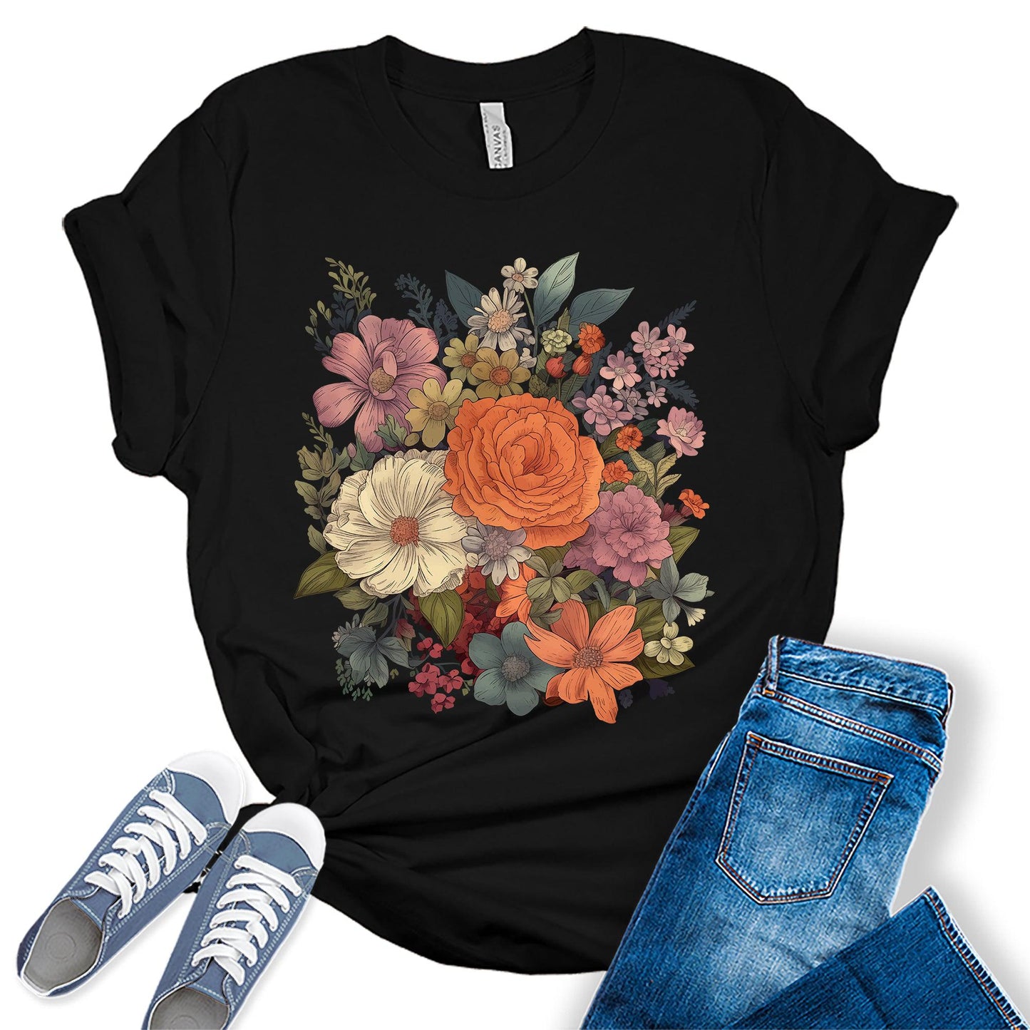 Women's Vintage Floral Fall T Shirt Boho Wildflower Cottagecore Graphic Tees Short Sleeve Casual Tops