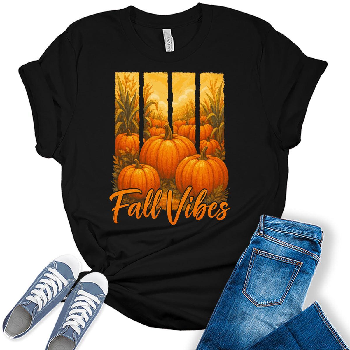 Fall Vibes Pumpkin Graphic T-Shirt for Women Vintage Thanksgiving Tees Casual Fall Shirt