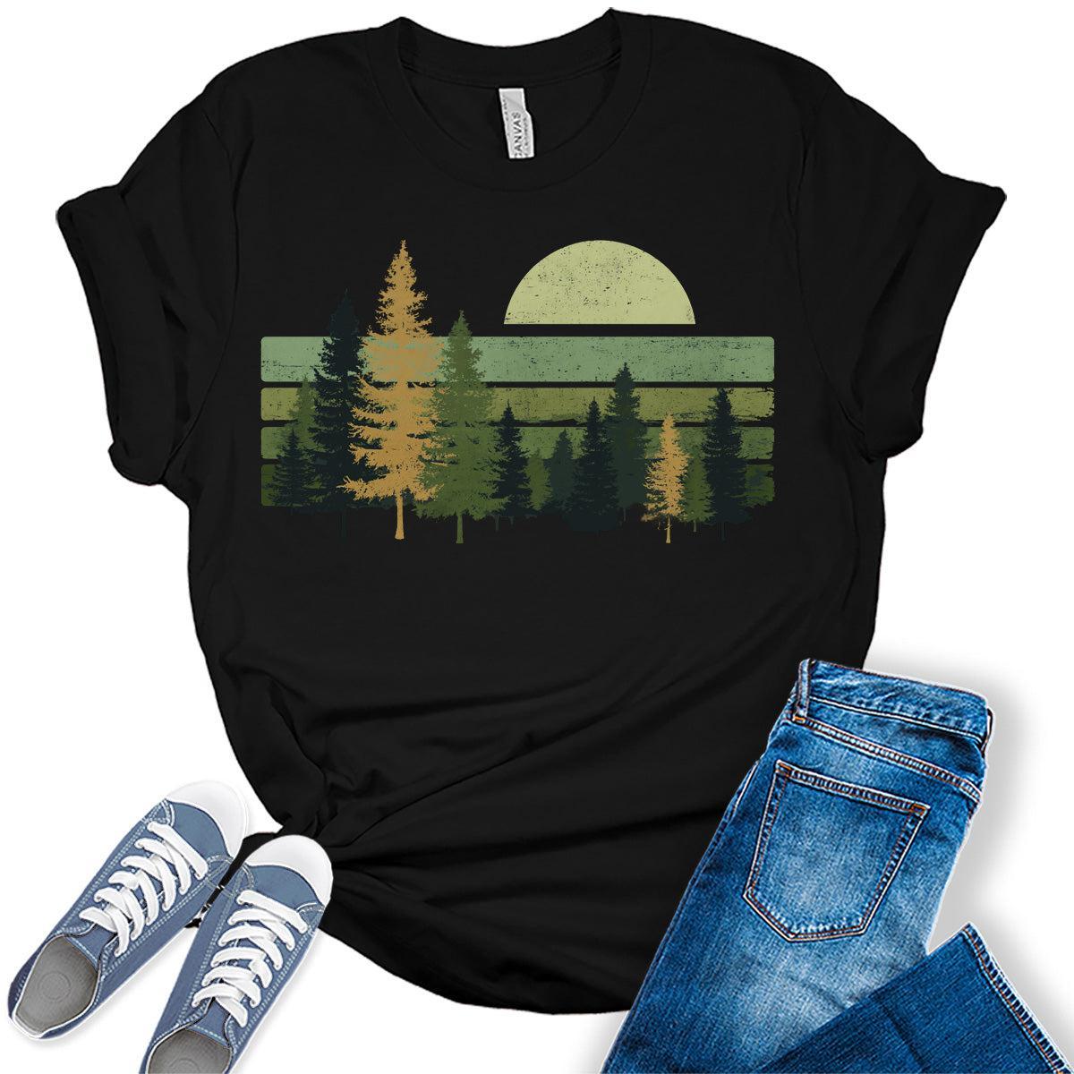 Camping T-Shirt for Women Vintage Trees Wildlife Nature Tops Forest Graphic Tee Casual Shirt